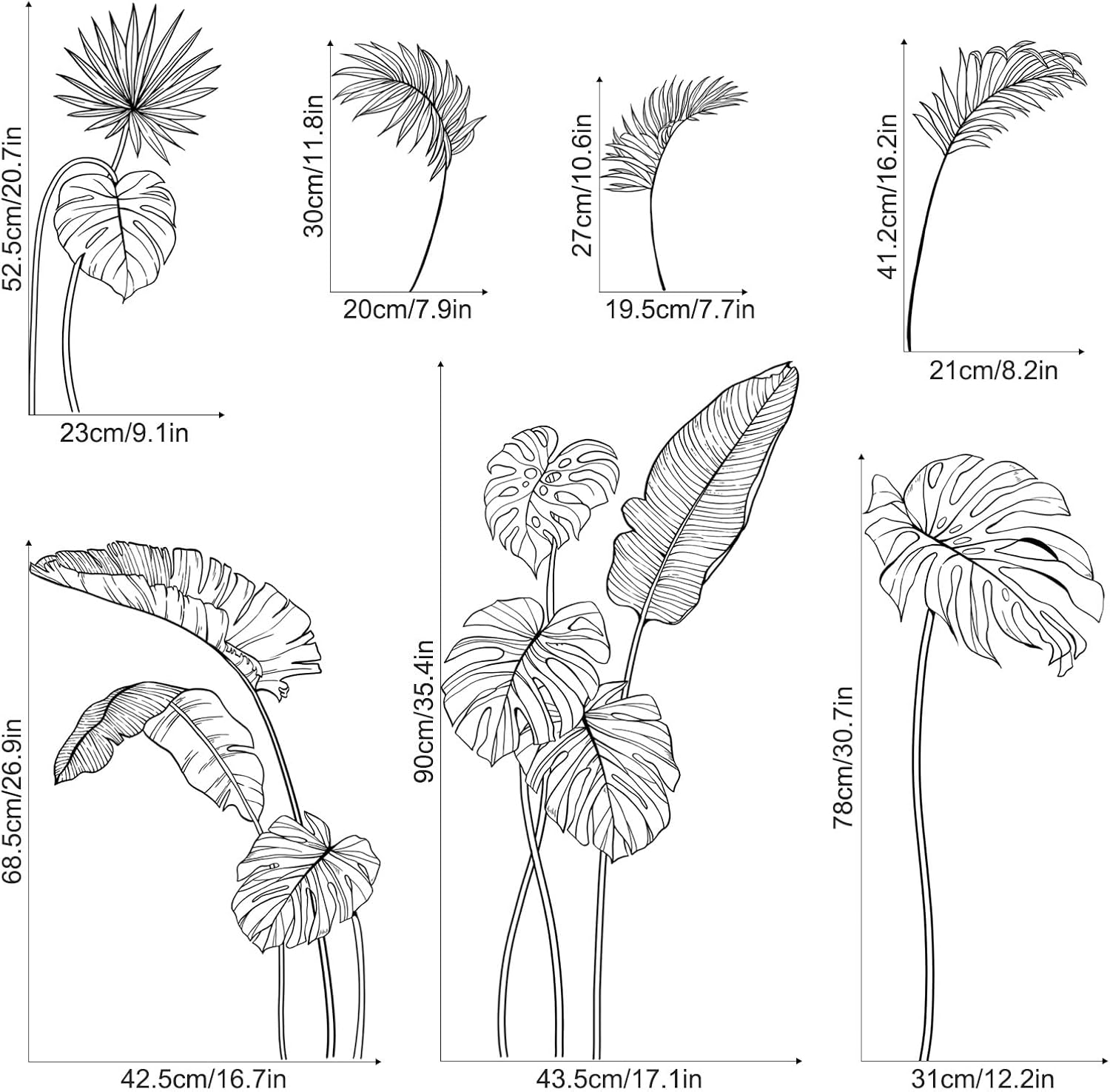 White Tropical Plants Wall Decals Sketch Palm Leaves Wall Stickers Simple Line Monstera Leaf / Black