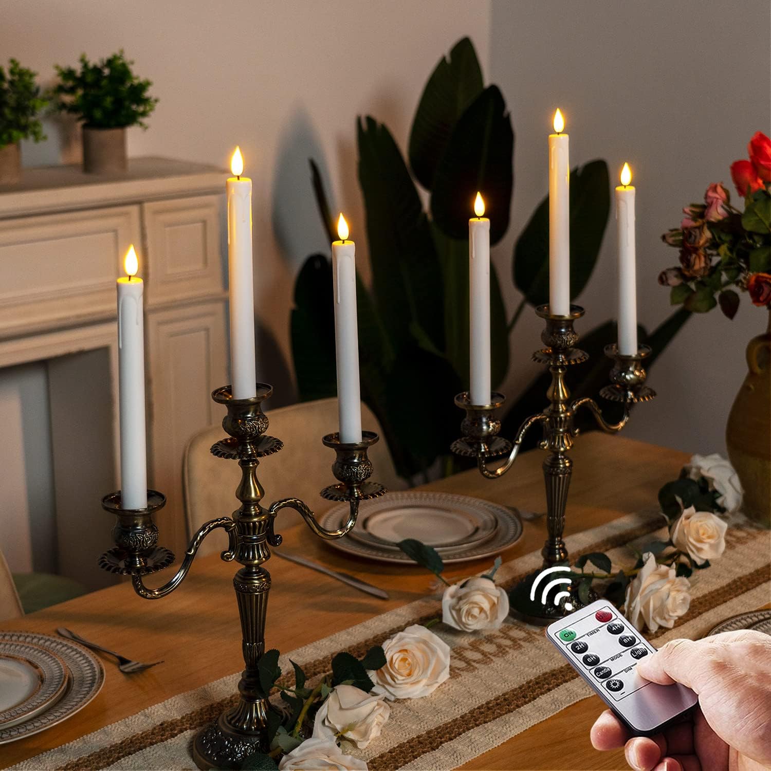 Homemory 12 Pcs Plastic Flameless Taper Candles with Remote Timer Dimmer, White Taper Candles Battery Operated with