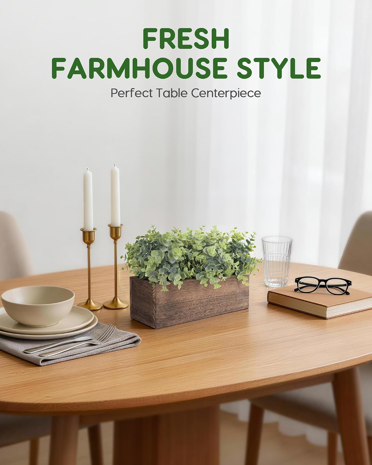 14" Artificial Plants in Rustic Rectangular Wooden Planter Box / Eucalyptus