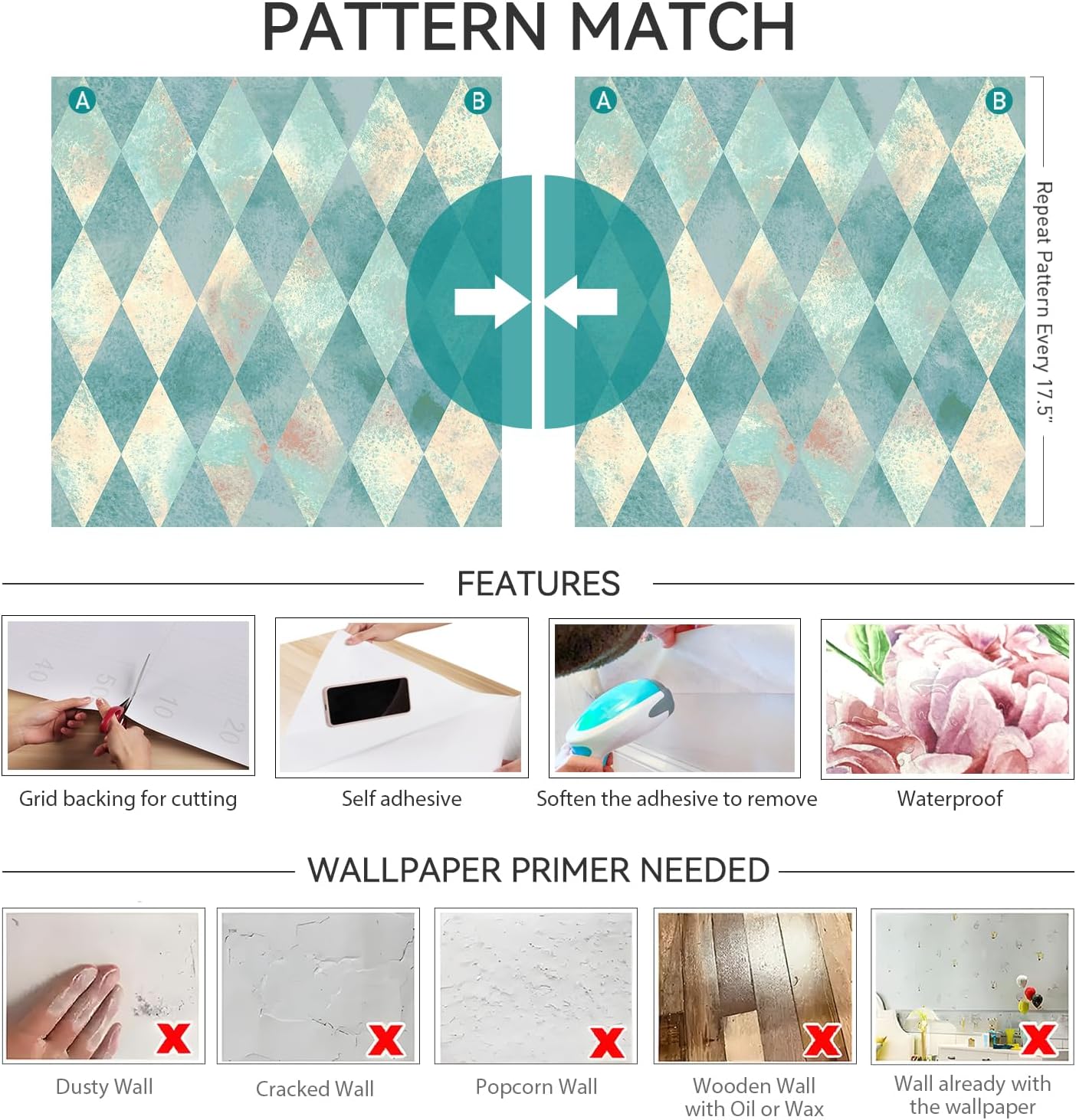 Diamond Checkered Wallpaper Peel and Stick Retro Geometric Boho / 17.5 x 80 / Diamond Checker / Blue