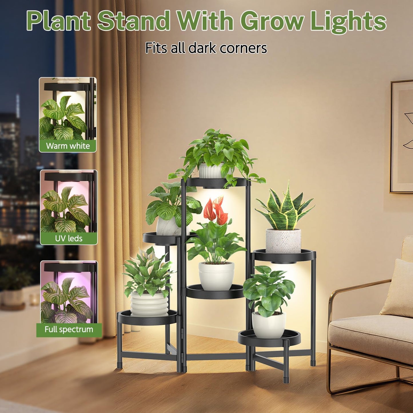 LASZOLA Plant Stand Indoor Outdoor Tall With Grow Lights, 6 Tiers Black | Corner Folding Flower Display Rack, with