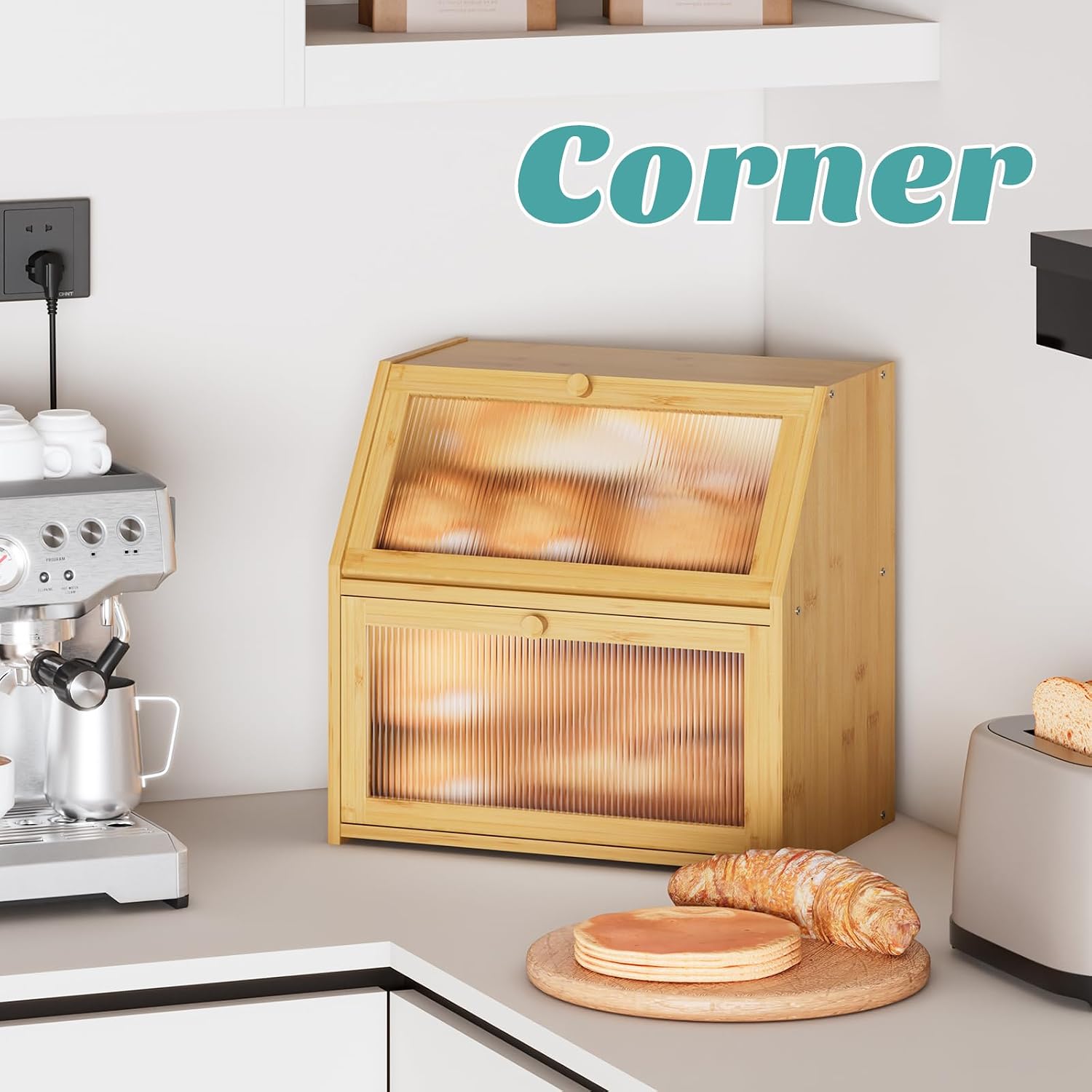 Extra Large Bread Box for Kitchen Counter, Bamboo Wood Double Layer Bread Box for Kitchen Counter, Wooden Capacity