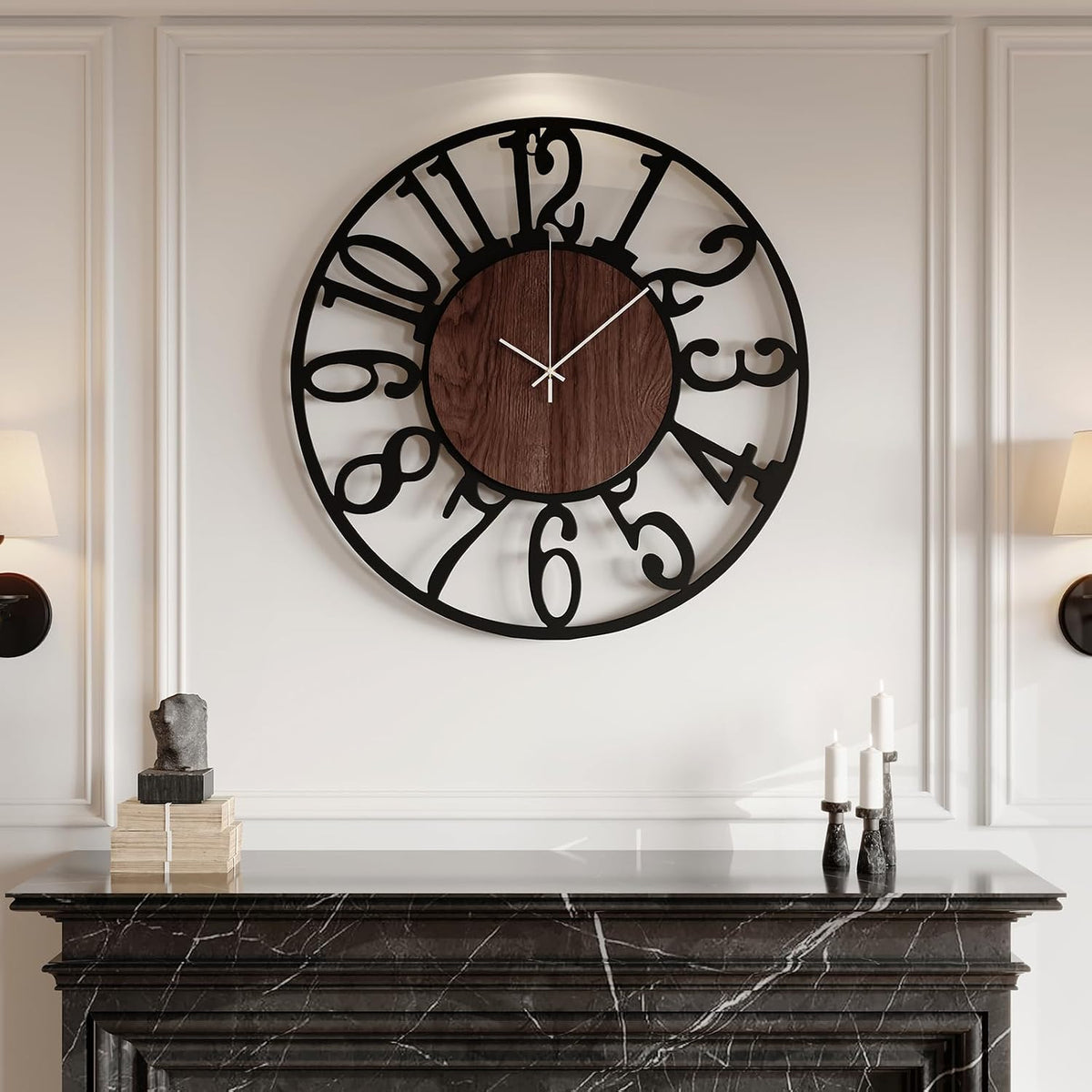 Cuspin 30 Inch Large Wall Clock Black Metal Frame with Walnut Center Dial | Wood and Metal, Battery operated, Silent