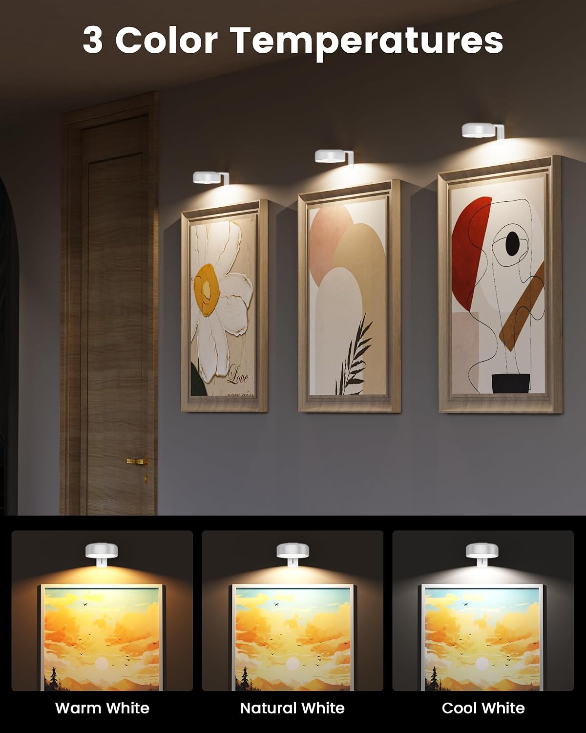 Picture Lights for Wall,Wireless 2000mAh Rechargeable Magnetic LED Puck Lights with Remote,3 Color Temps and 12