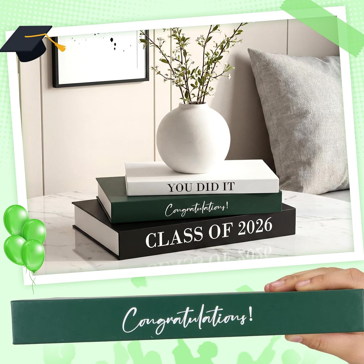 Graduation Book Centerpiece Congratulate Grad Decoration / Black, White, and Green / Set of 3