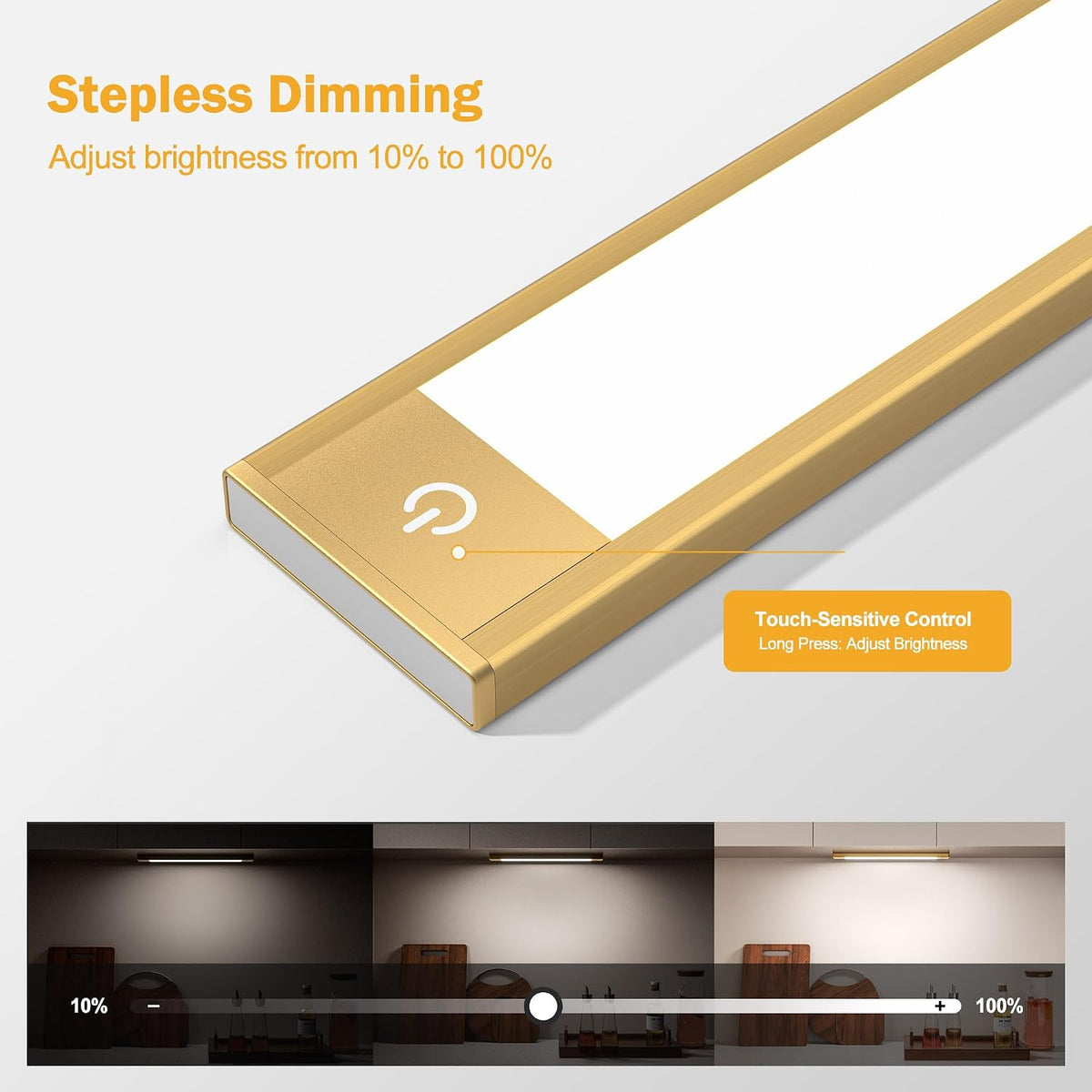 V4light Motion Sensor Cabinet Light, Rechargeable, Dimmable, 4Pcs, 9in | Gold aluminum, magnetic wireless, 1800mAh, 3