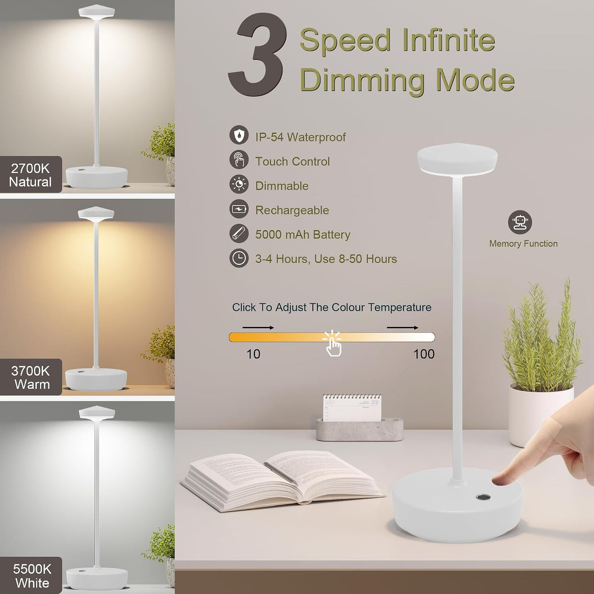 LED Cordless Table Lamp,Rechargeable Battery Lights | 3 Levels Brightness with Memory Function IP54 Waterproof Portable