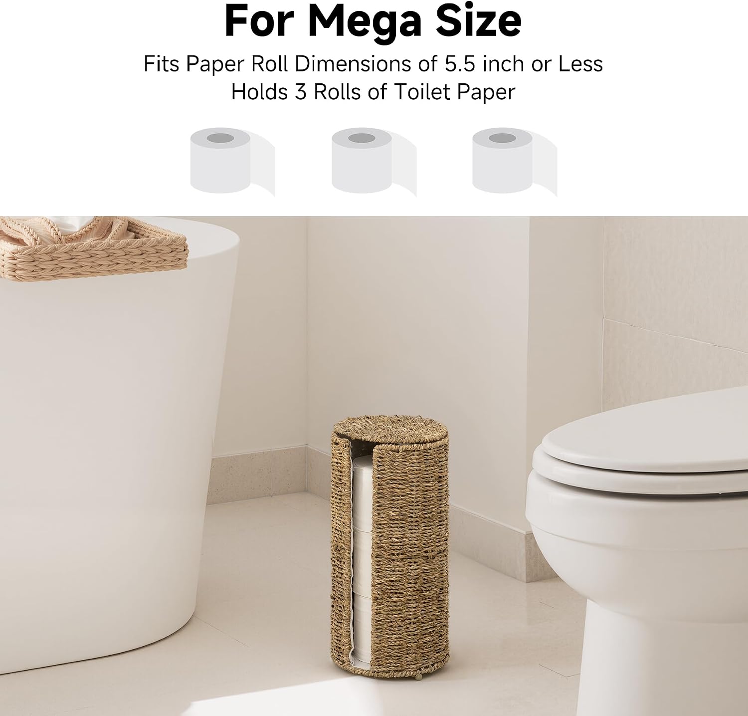 StorageWorks Seagrass Free Standing Toilet Paper Holder Stand for Bathroom, 3 Rolls of Toilet Tissue Storage with a