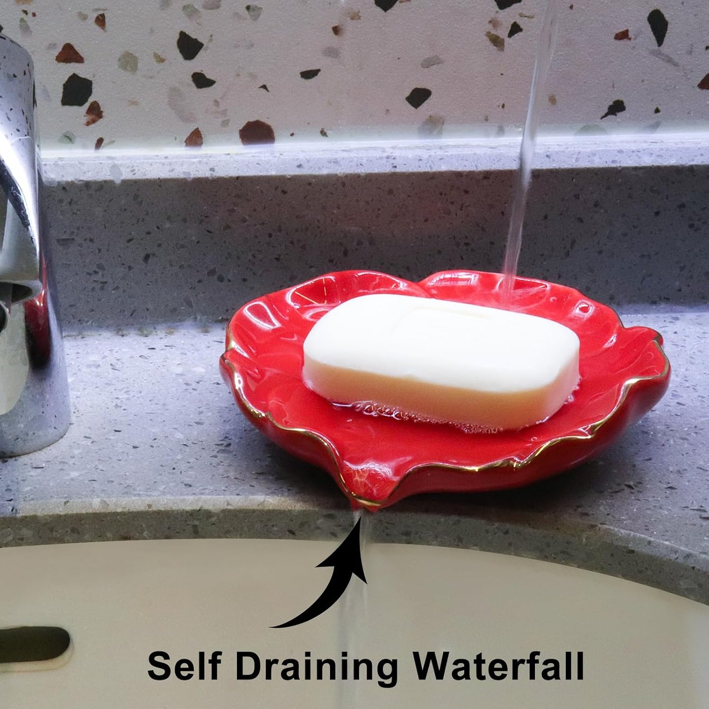Ceramic Self Draining Soap Dish Hibiscus Flower Waterfall Soap Dish Soap Savers / Red