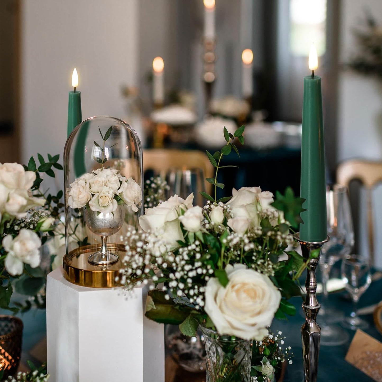 Short Green Flameless Taper Candles with Remote Set of 6 | Flickering LED Candlesticks, Real Wax Coating, 2 AAA Battery
