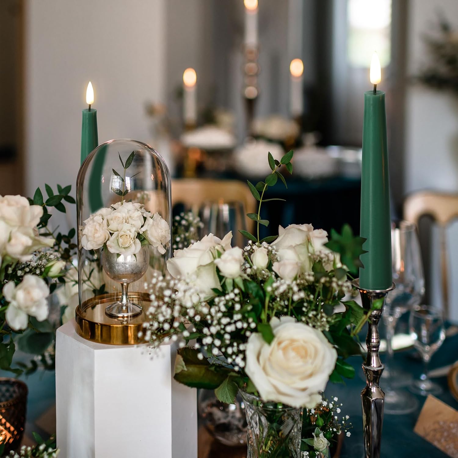 Short Green Flameless Taper Candles with Remote Set of 6 | Flickering LED Candlesticks, Real Wax Coating, 2 AAA Battery