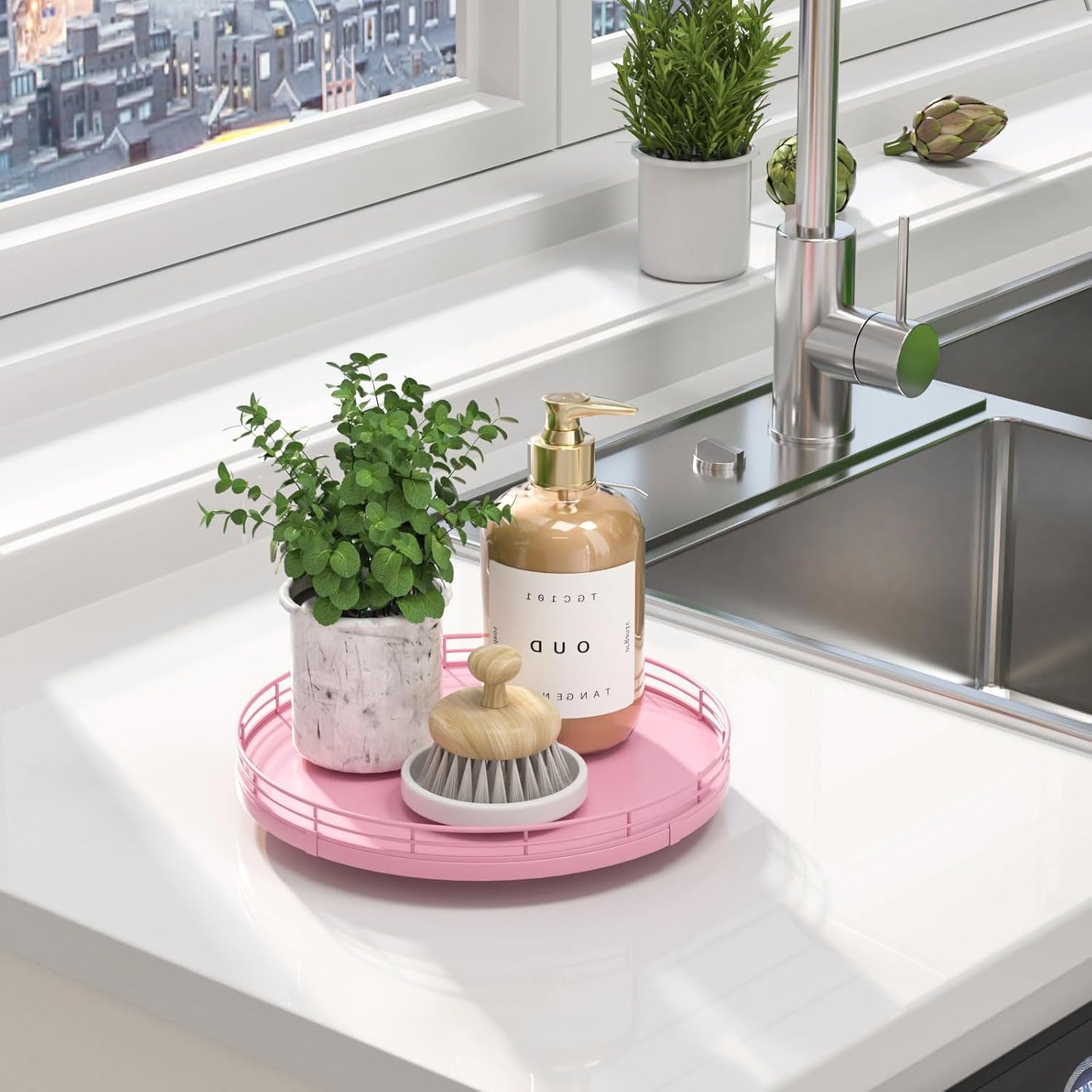 10" Oak Wood Bathroom Tray for Counter / Pink / Set of 10