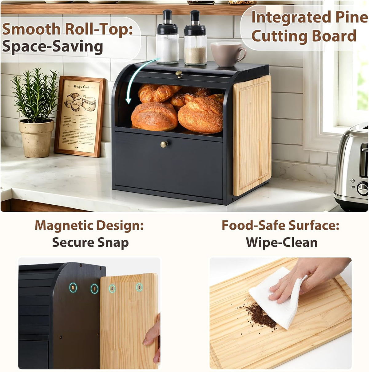 Sunhoo Wooden Bread Box for Kitchen Countertop, Roll Top Breadbox, Black | Large Double Layer Pantry Container, Solid