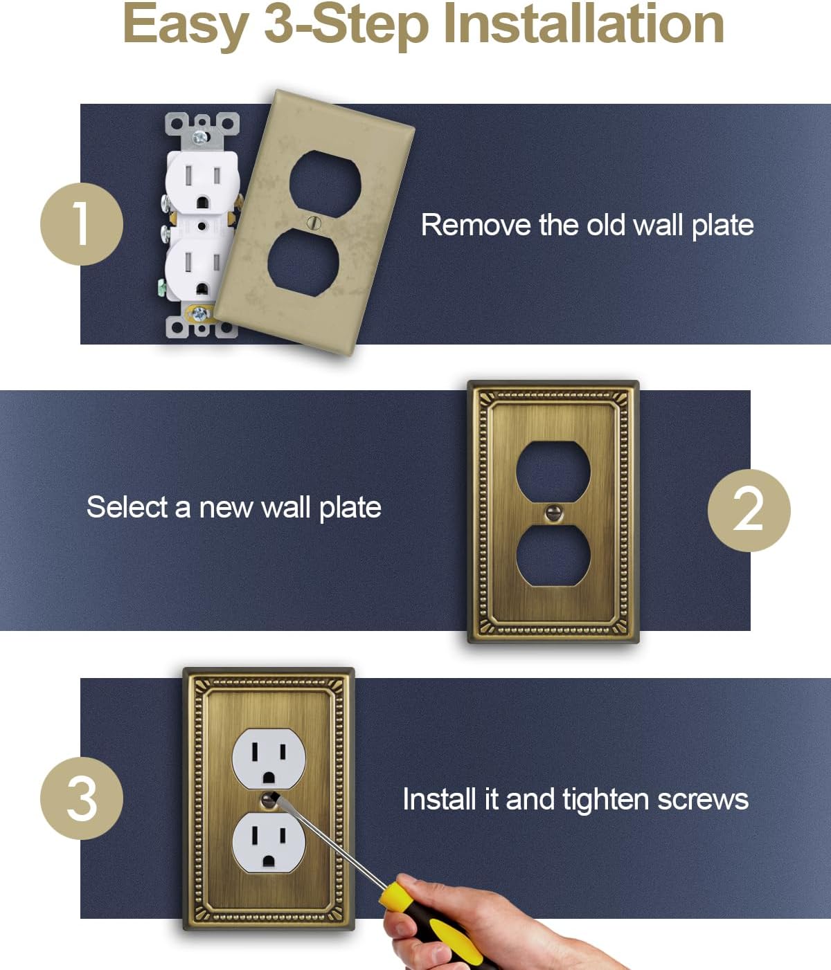 Switch Plates Outlet Covers, 6-Pack Antique Brass Metal Wall Plates | Midsize Beaded Duplex Outlet Cover, Fits Standard
