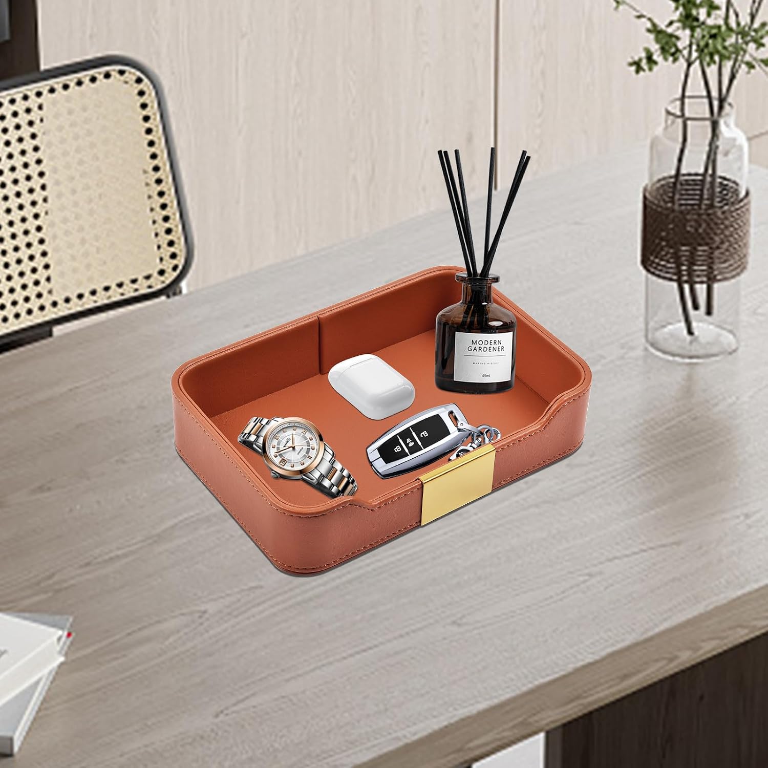 Leather Valet Tray Desktop Storage Organizer / 8.5 x 5.8 x 1.9 / Orange