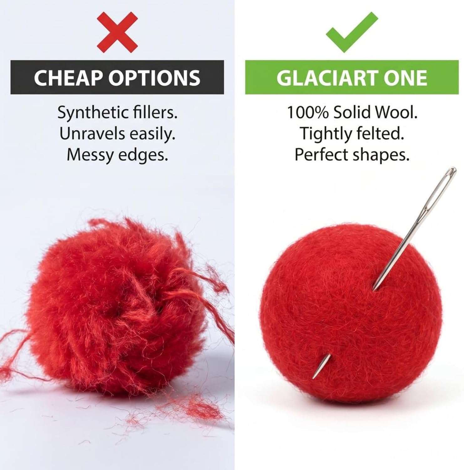 Glaciart One Felt Pom Poms, Wool Balls (240 Pieces) 1.5 cm – 0.6 Inch, Handmade Felted 40 Color (Red, Pink, Blue