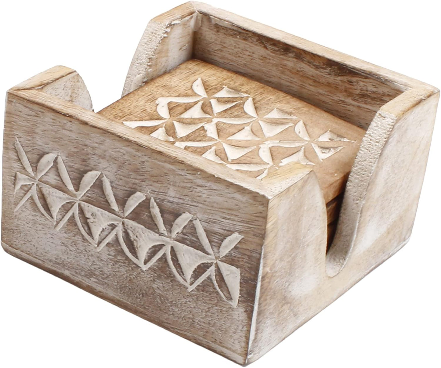 Holder Stand / Wooden Whitewash Coasters / Design4 / White / Set of 6