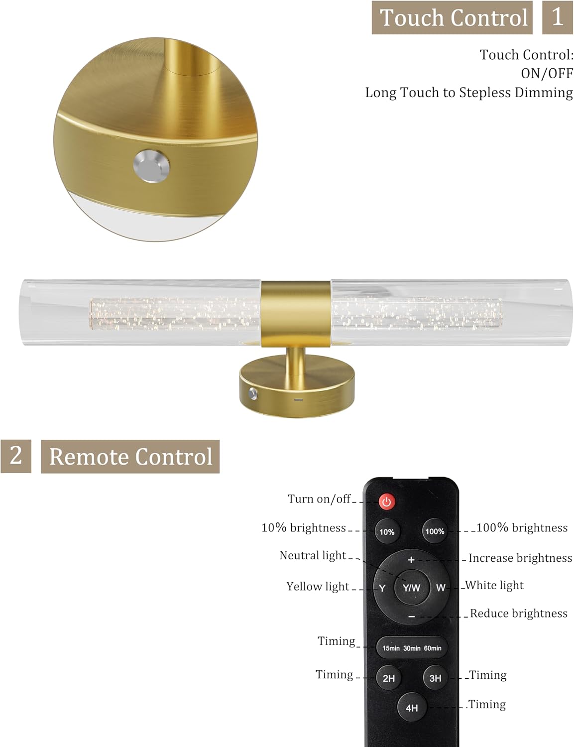 Gold Wall Sconces Battery Operated with Remote Control, 21.5 Inch 3CCT | Rechargeable Wall Sconce with Timer, Dimmable