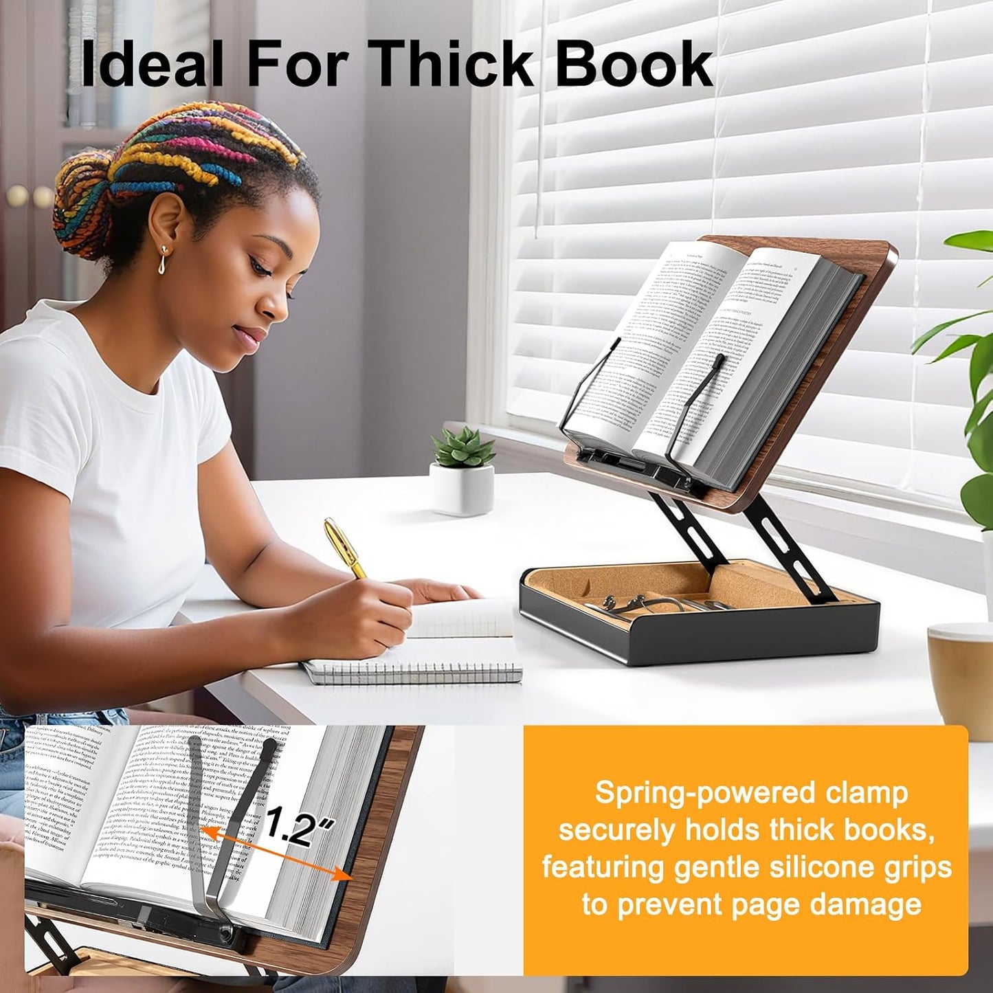 Book Stand with Storage, Book Holder for Reading Hands Free | Wooden Cookbook Stand for Kitchen Counter, Adjustable