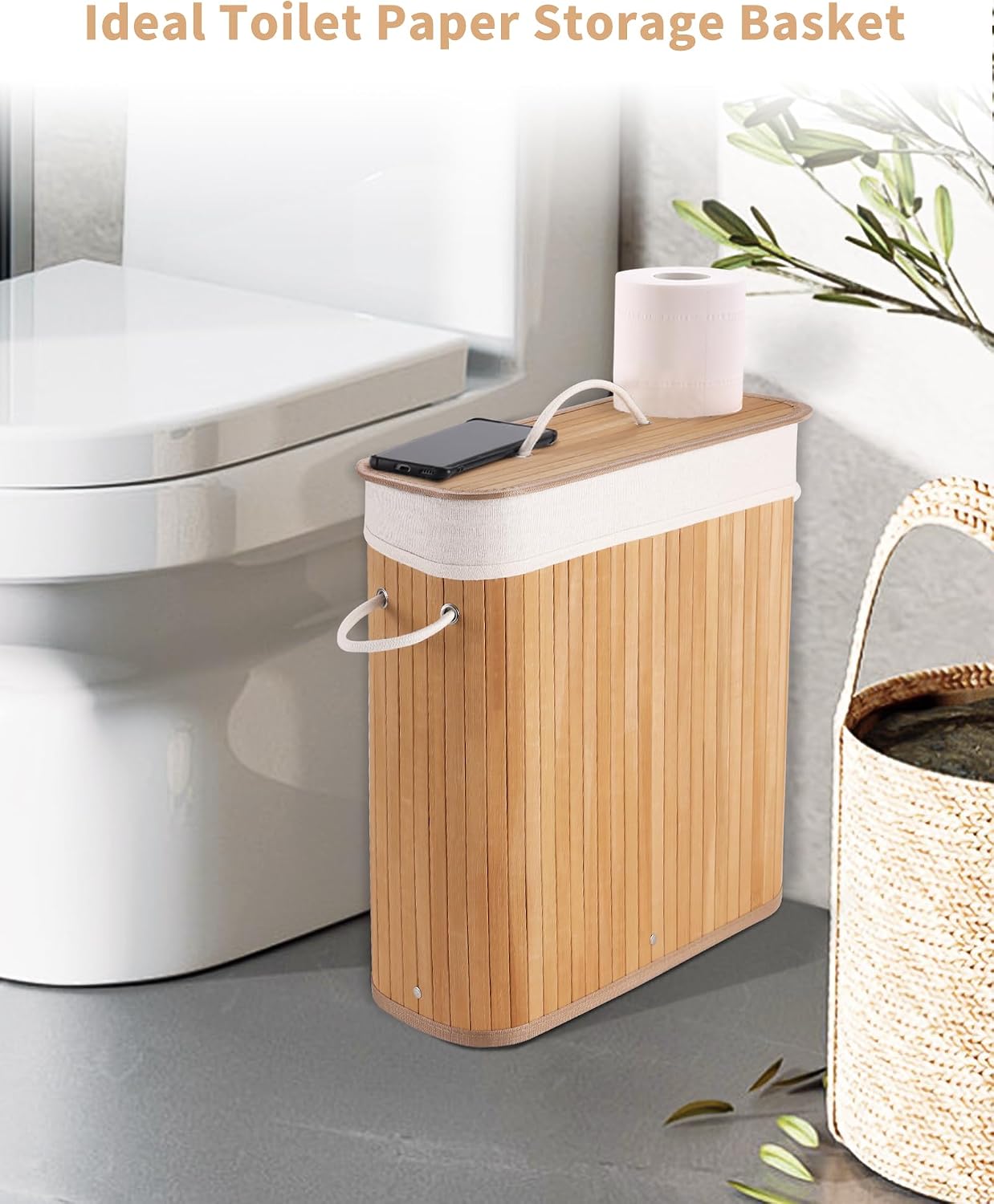 Bamboo Toilet Paper Storage with Lid & Handel, 8 Gallons (30L), Sturdy Toilet Paper Basket, Organizer for Bathroom
