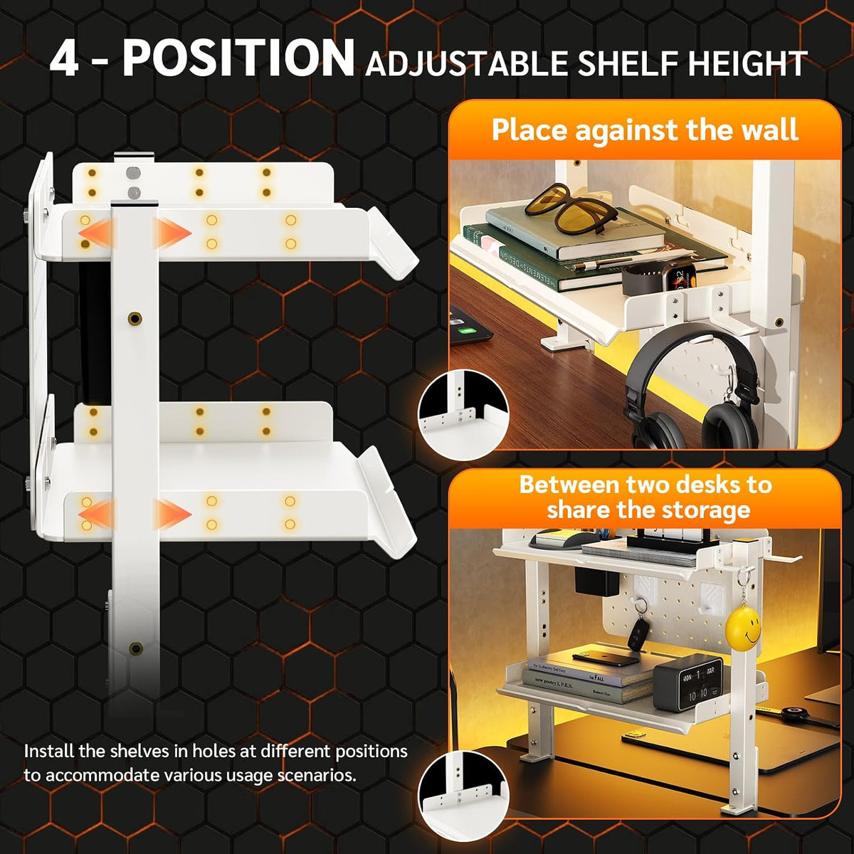Metal Clamp On Desk Shelf,Storage Shelves with Pegboard and Pencil Holder | 2-Tier Adjustable 16 inch Above or Under