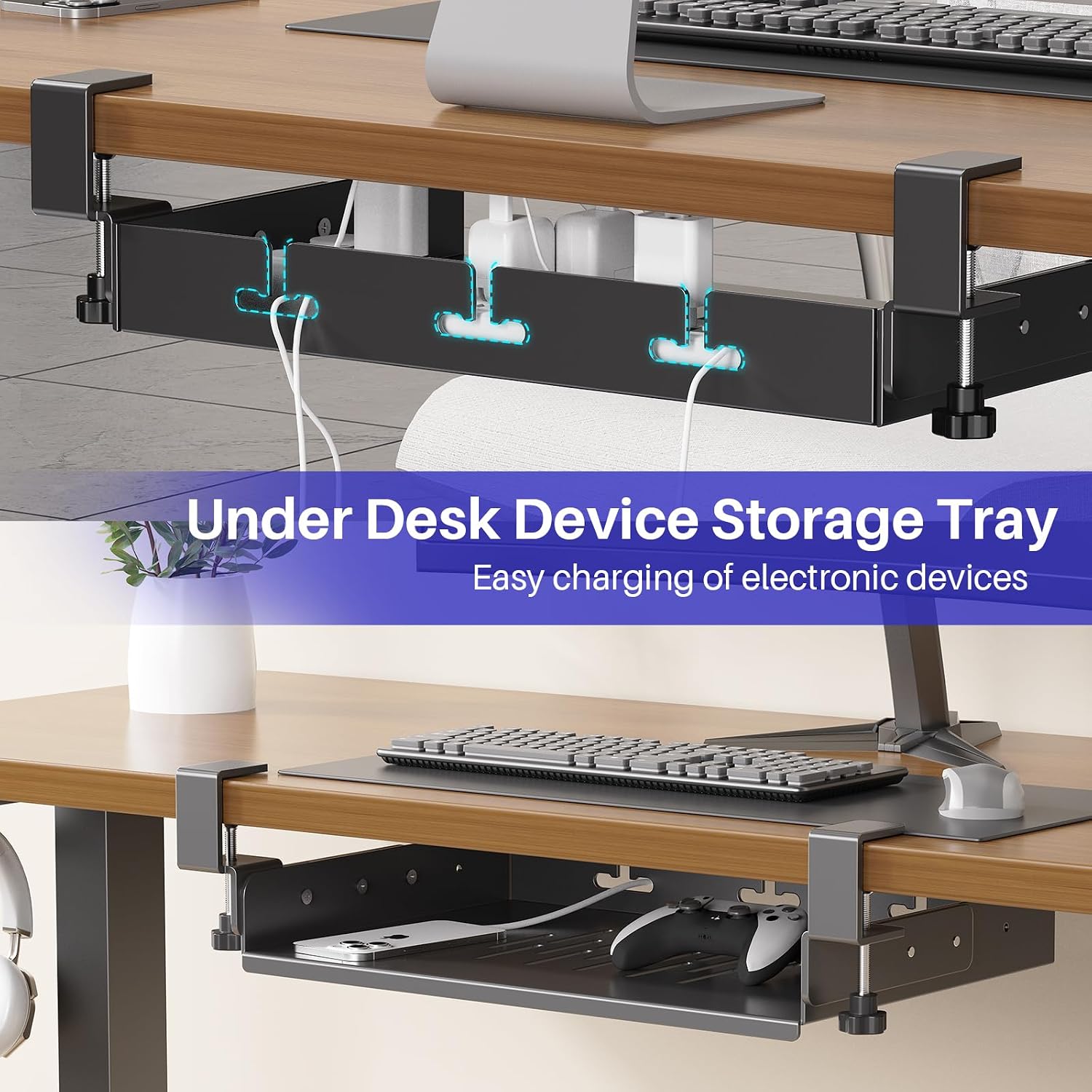 BYMECOST No Drill Under Desk Laptop Mount, Metal Under Desk Storage Shelf | Laptop Storage Tray for Macbook, Mac Mini