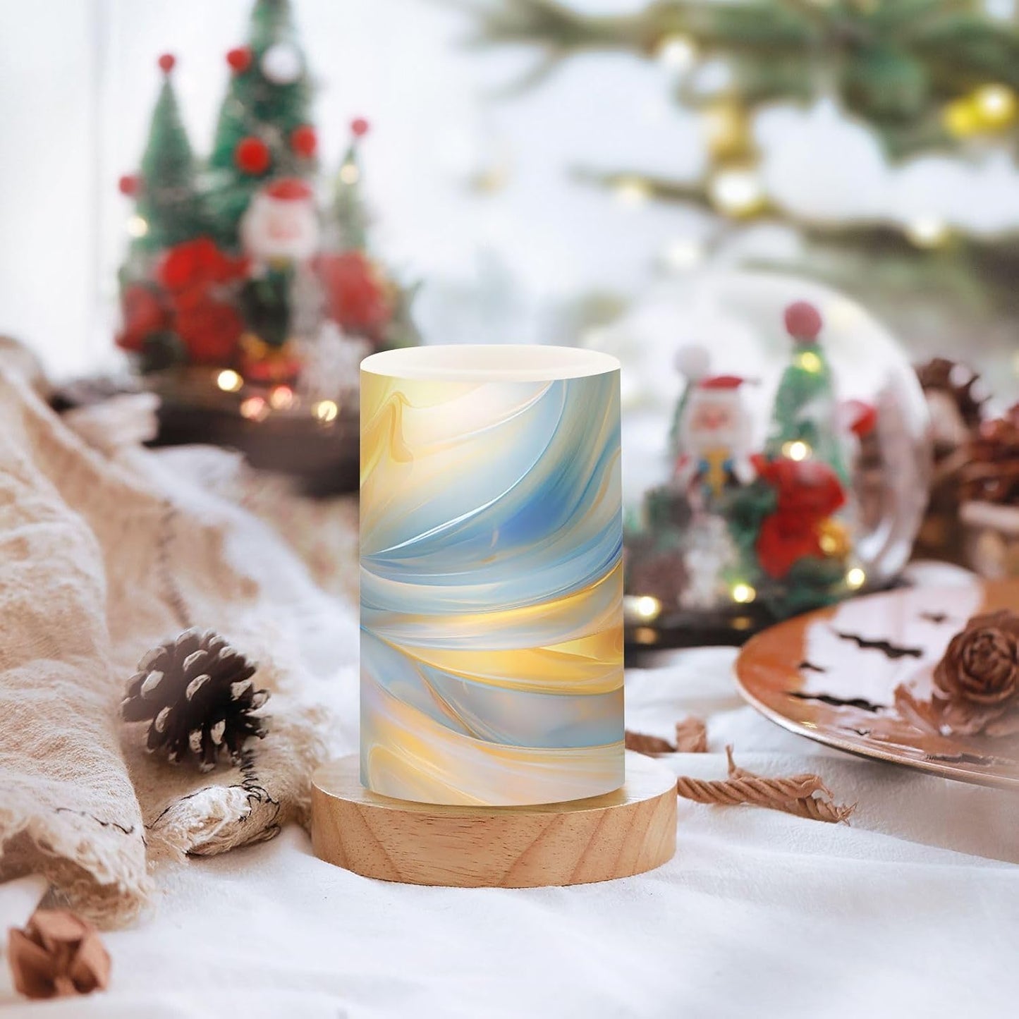 Flickering Flameless Candles, Blue Gold Marble LED Candles with Remote Timer, Set of 2 Battery Operated Candle for