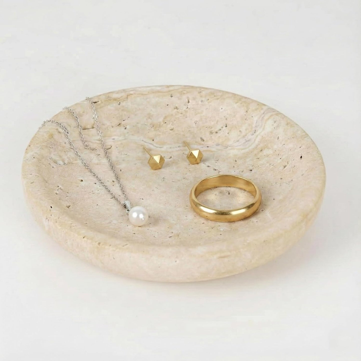 Hand-Carved Travertine Catch-All Tray for Rings / Natural