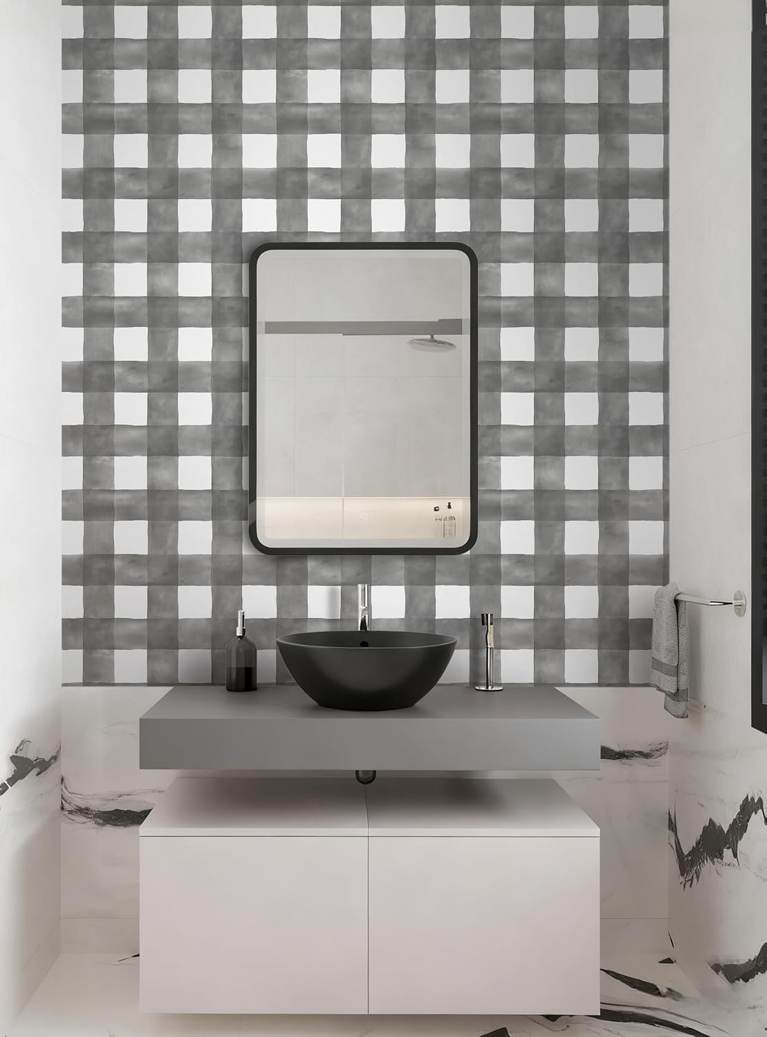 Grey Wallpaper Peel and Stick Plaid Modern Wall Paper Checkered / 17.3 x 78.7 / Grey and White
