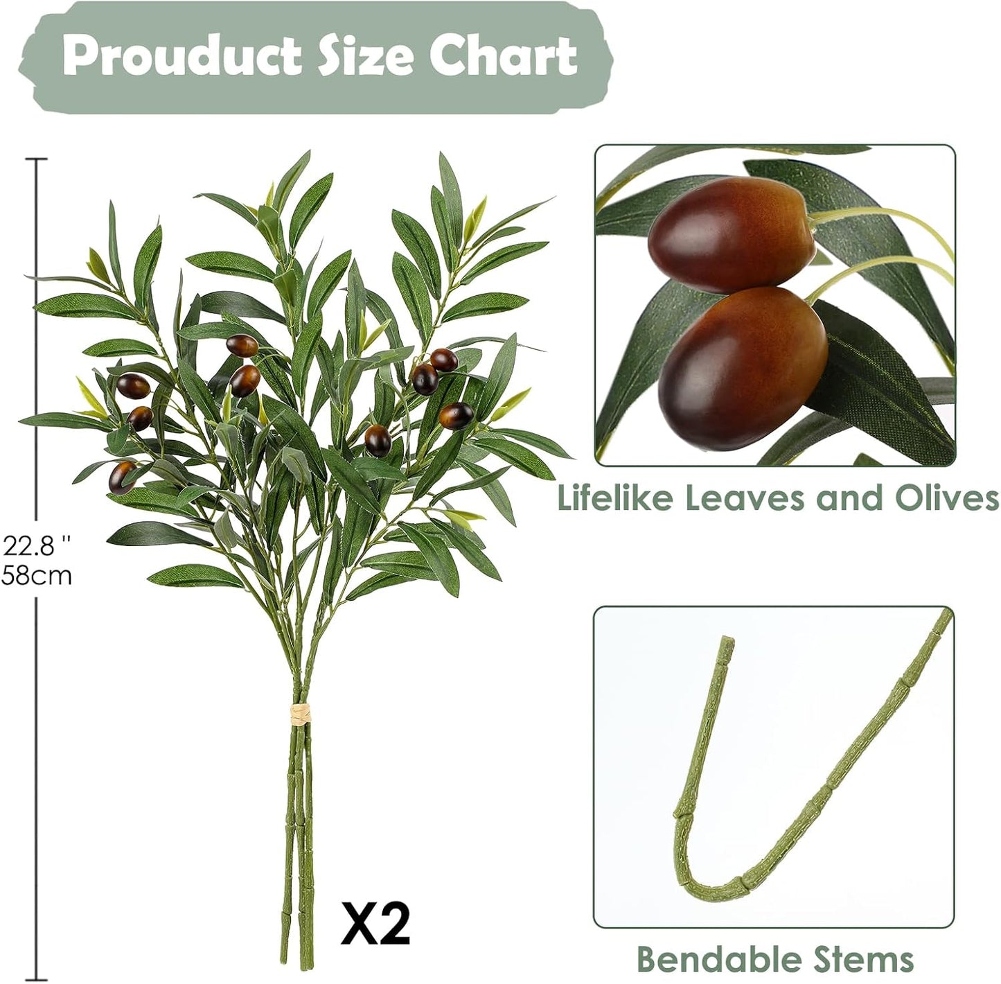2 Bundles Faux Olive Branches for Vase / Olive Branches Stems / 22.8 Inch / Set of 6