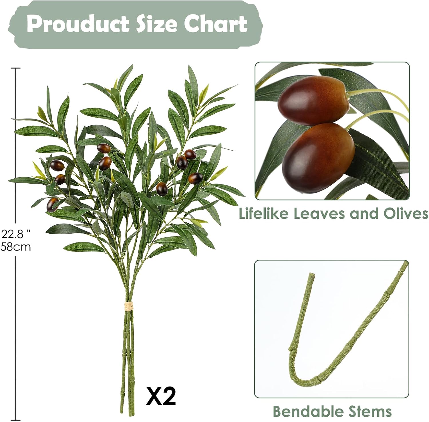 2 Bundles Faux Olive Branches for Vase / Olive Branches Stems / 22.8 Inch / Set of 6