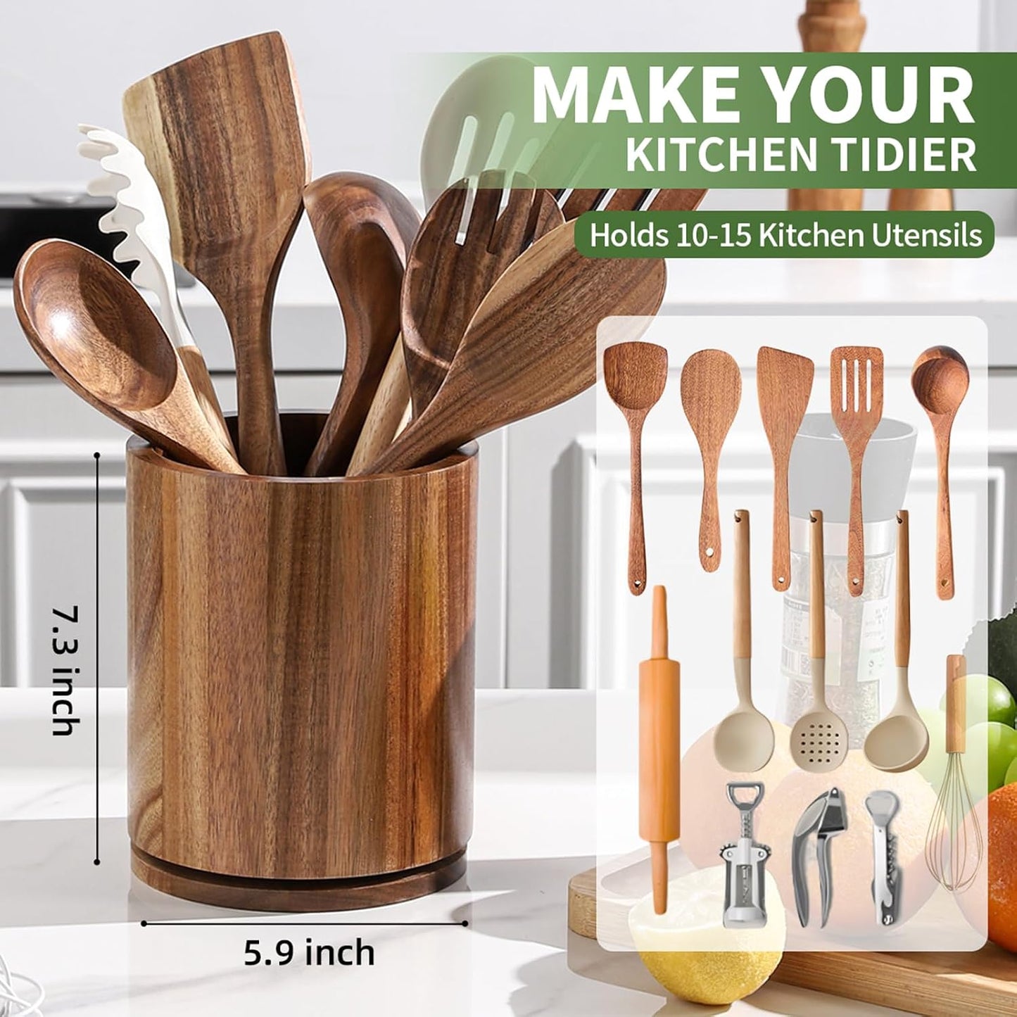 Acacia Wood Utensil Holder, 360° Rotating 7.3 in Kitchen Organizer | Rustic farmhouse countertop decor. Rotating base