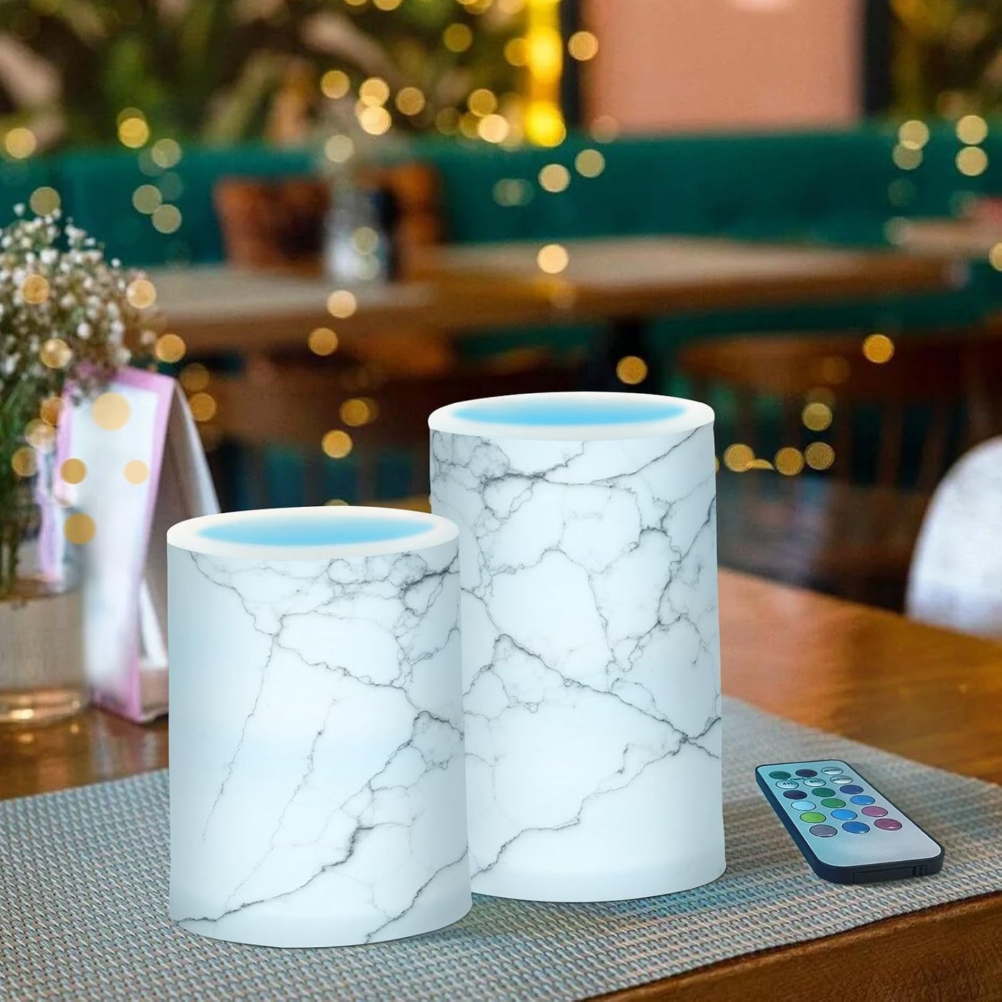 Flickering Flameless Candles, White and Black Marble LED Candles with Remote Timer, Set of 2 Battery Operated Candle