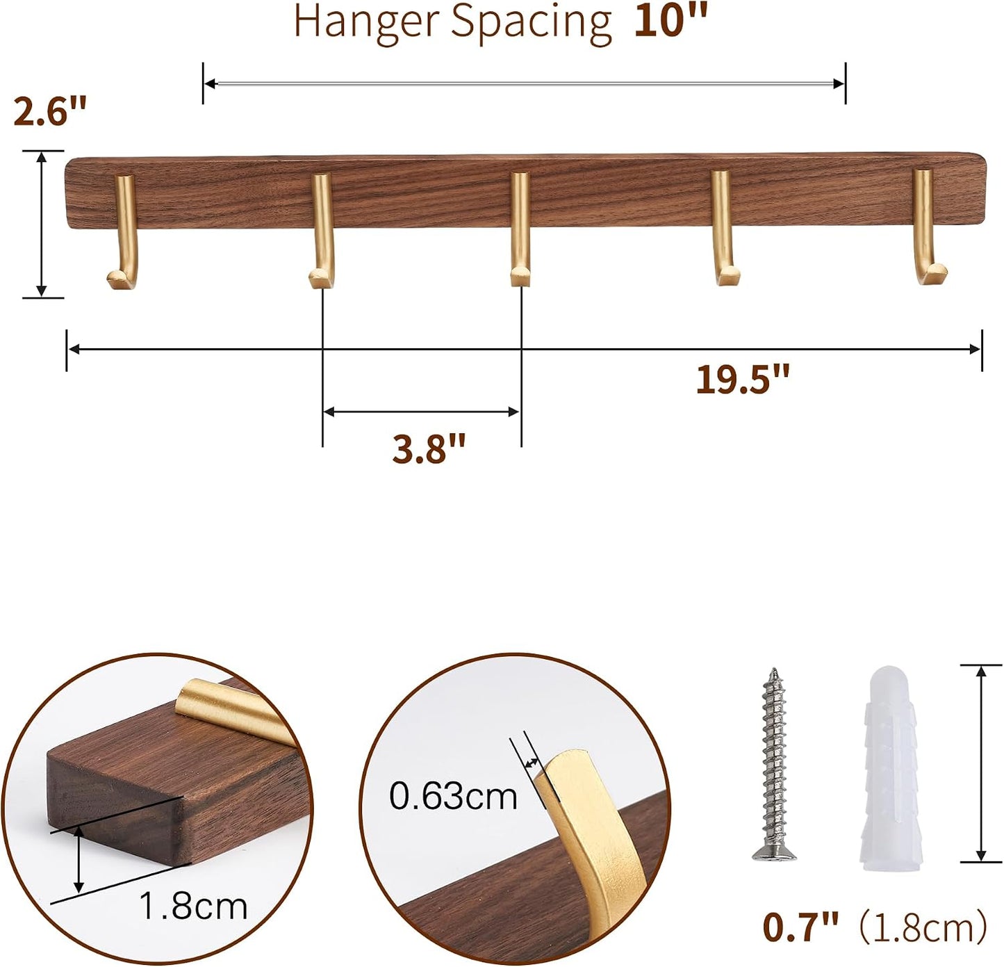 Wall Mounted Coat Rack, 5 Hooks - J Shape | Entryway Hanging Rack with Rustic Hooks for Coat, Scarf, Bag, Towel, Key
