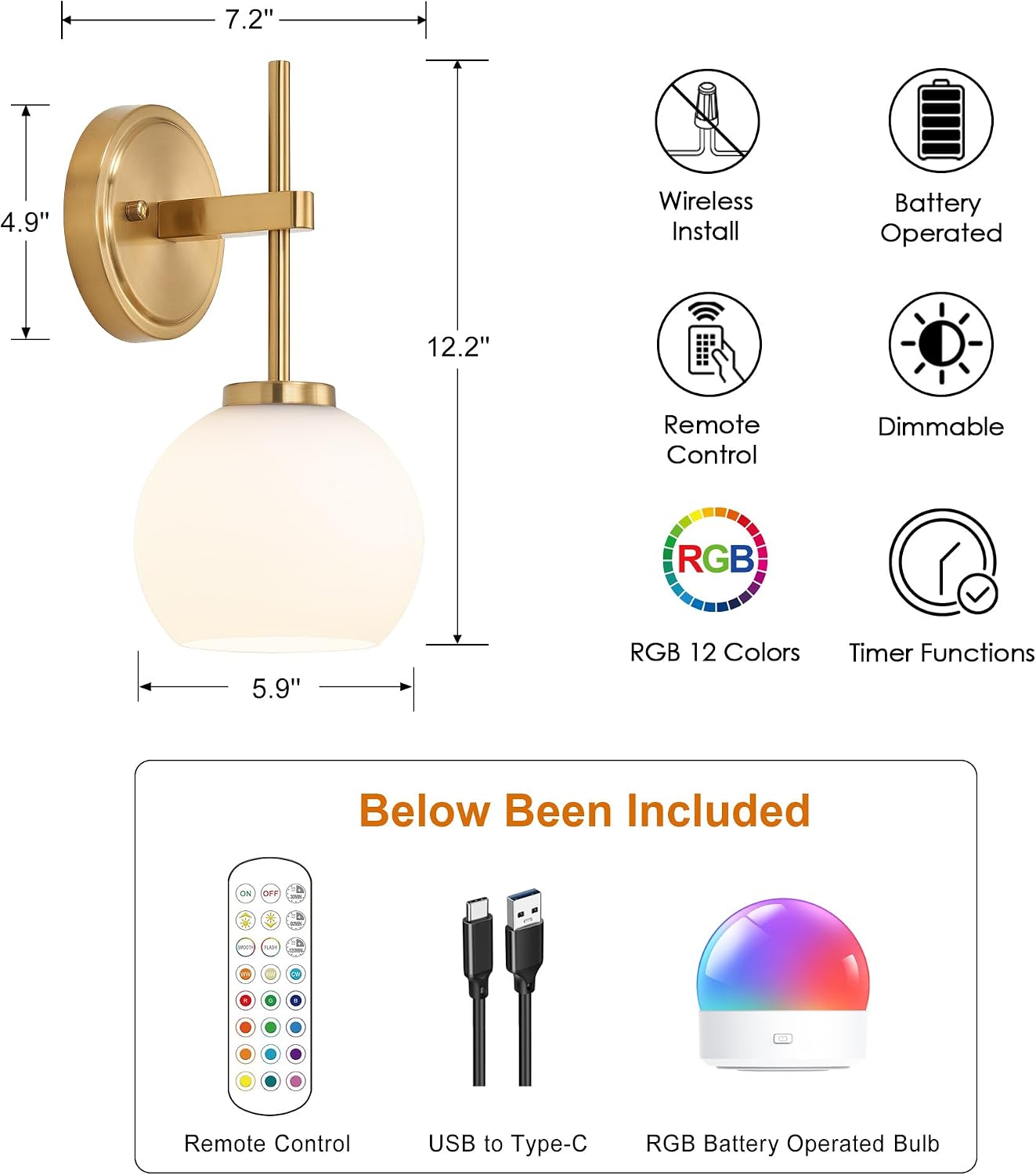 Gold Battery Operated Wall Sconce Set of 2, Wireless Rechargeable Sconces Wall Lighting with Remote Control, LED