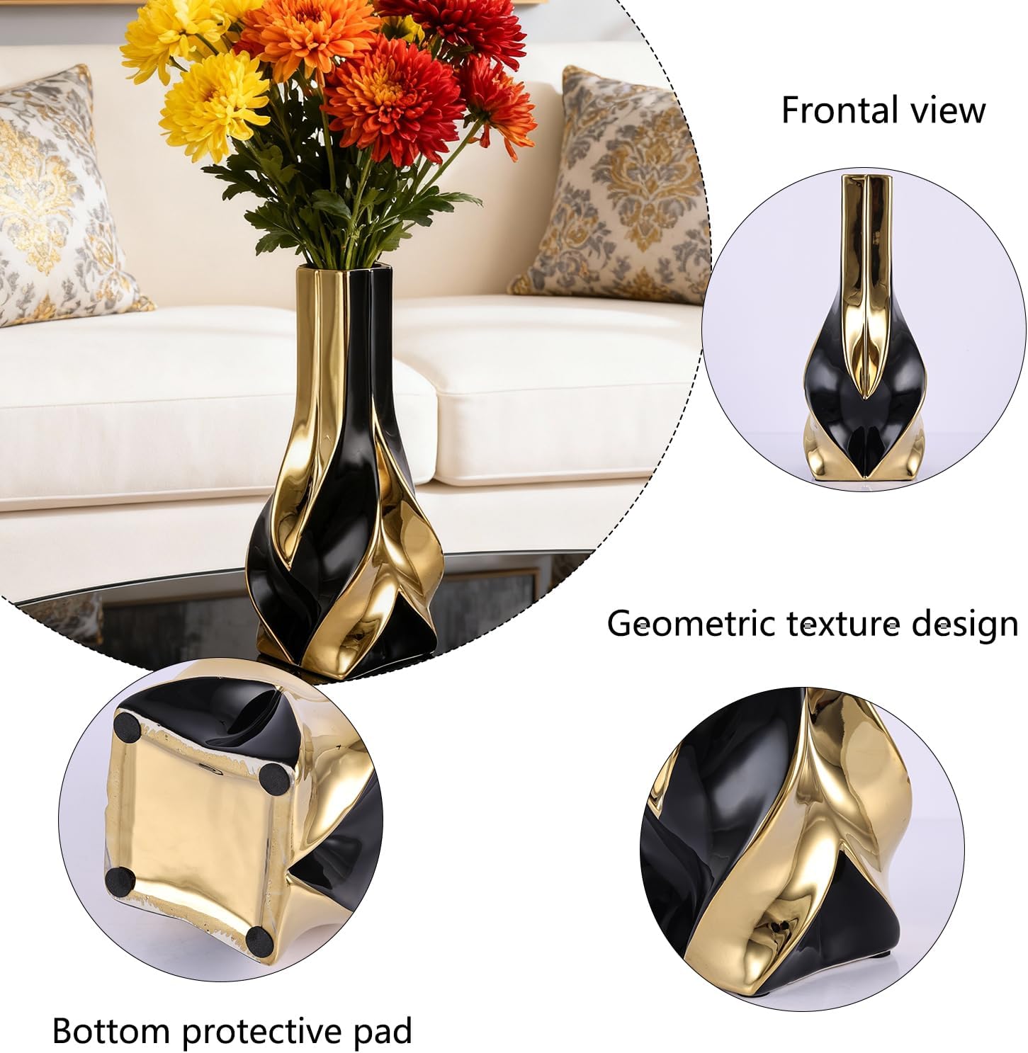 10.6" and Gold Ceramic Vase / Black