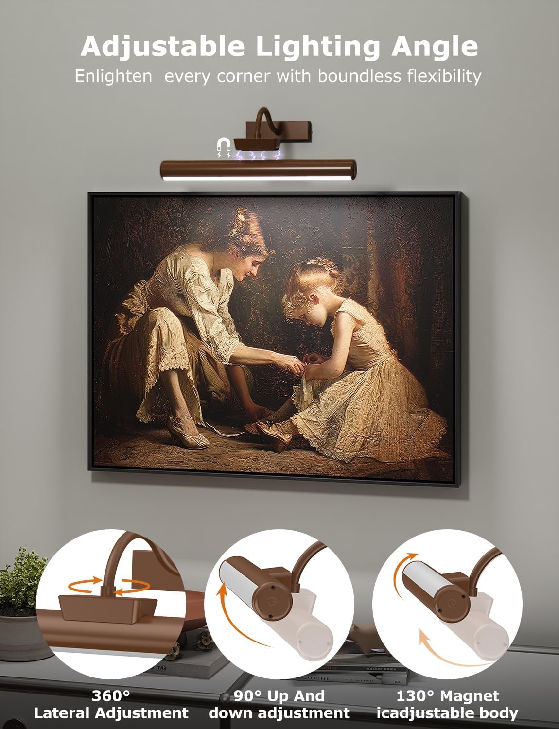13" Wireless Picture Lights for Wall, Rechargeable Art Light, 2Pack Bronze | Aluminum Photo Frame Light, Remote & Touch