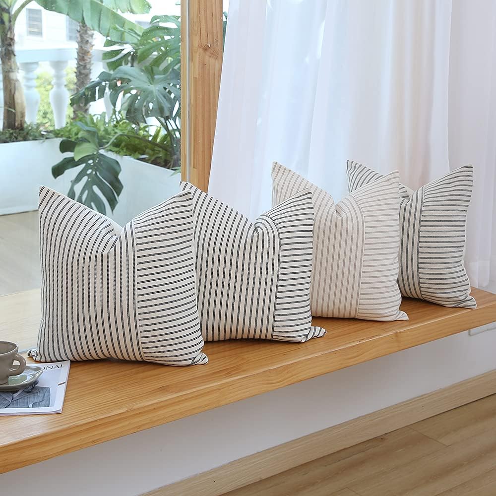 Beige Patchwork Farmhouse Throw Pillow Covers / Navy Blue / 18 x 18 / Set of 2