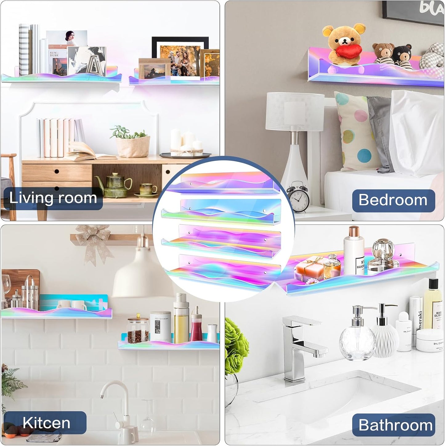 DILIBRA 4 Packs Iridescent Acrylic Floating Shelves, 15.7Inch Display Shelf | Acrylic Invisible Shelf Wall Mounted Set