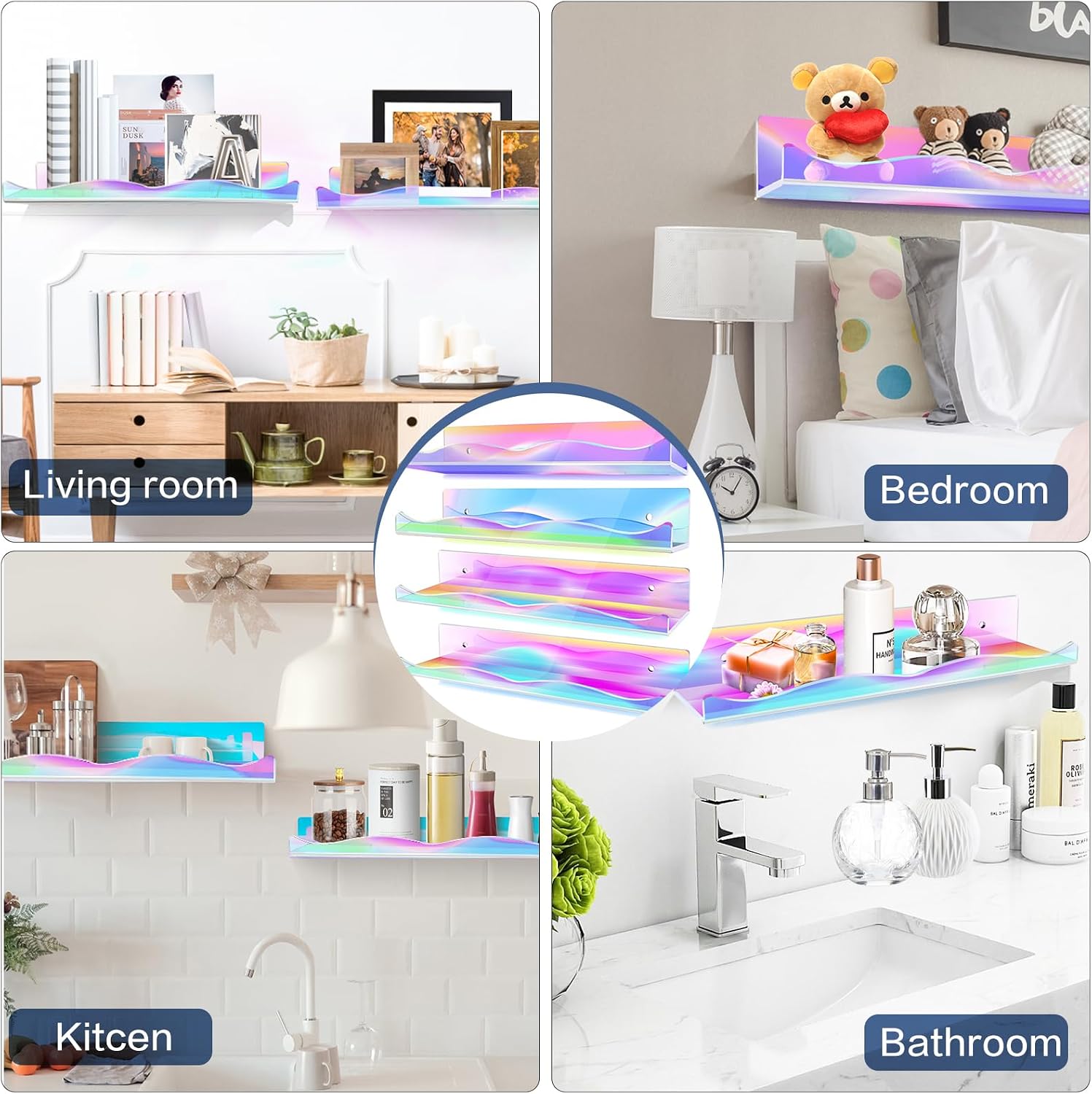 DILIBRA 4 Packs Iridescent Acrylic Floating Shelves, 15.7Inch Display Shelf | Acrylic Invisible Shelf Wall Mounted Set