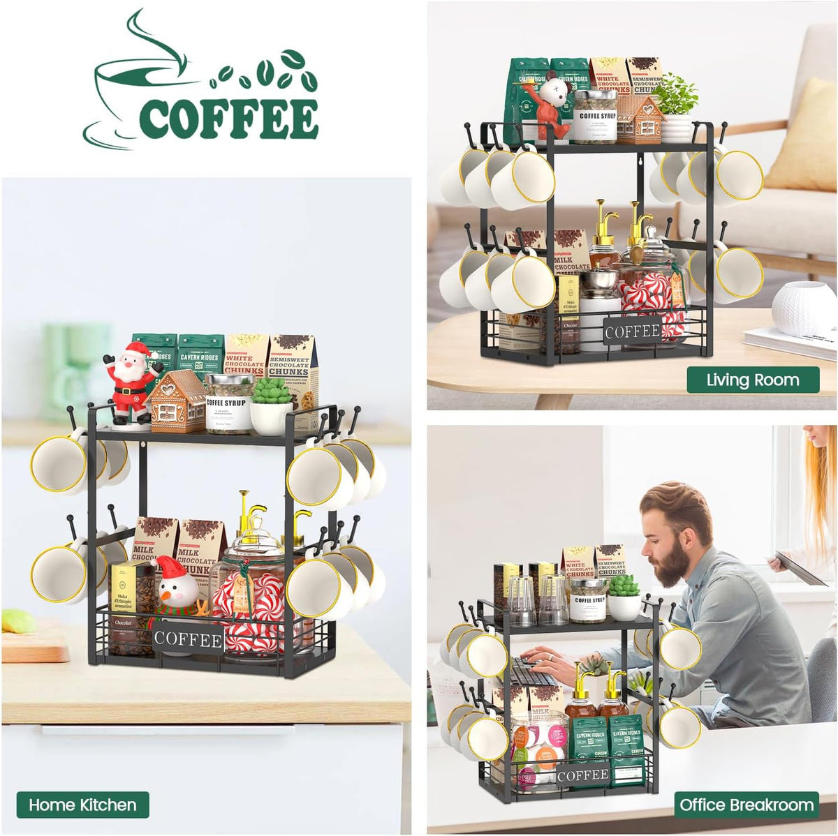 EsLuker.ly Coffee Mug Cup Holder Tree Bar Station Organizer, 2 Tier Black | Mug Stand Rack for Countertop Kitchen
