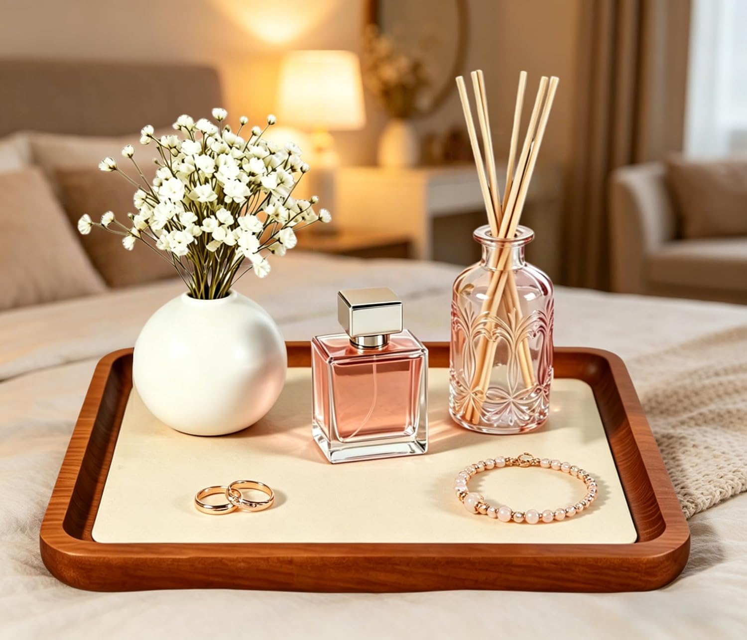 Wooden Jewelry Display Tray Rounded Rectangle Ring / Old Lace / Large-w 7'' x H 0.6'' x L 7.9
