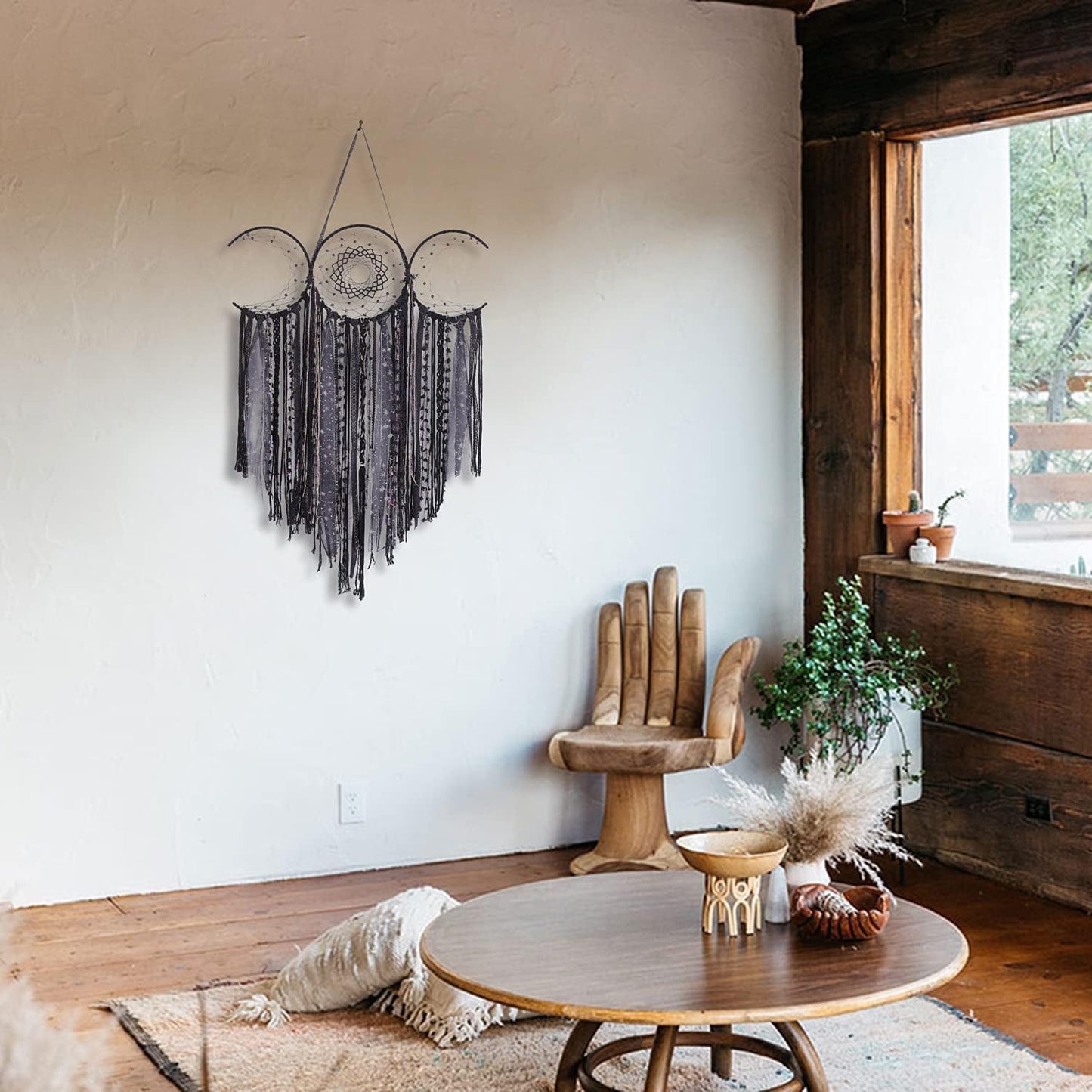 Black Triple Moon Goddess Macrame Wall Hanging / Shadow Black