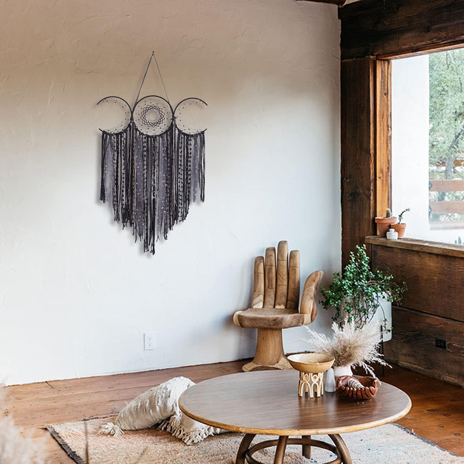 Black Triple Moon Goddess Macrame Wall Hanging / Shadow Black