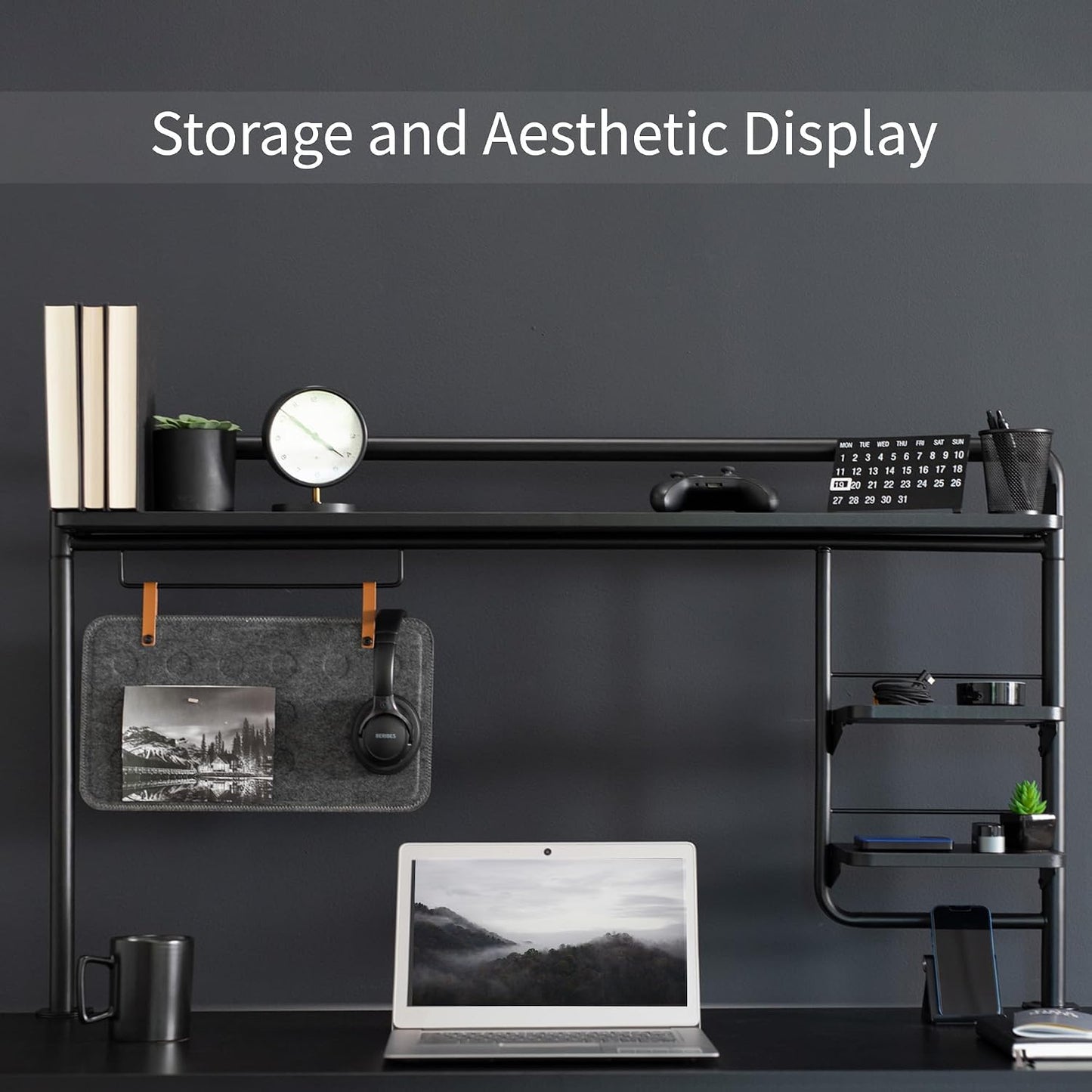 VIVO Black Clamp-on 50 inch Desktop Shelving System, DESK-SHELF55A | Raised Accessory Storage Shelves, Magnetic Memo
