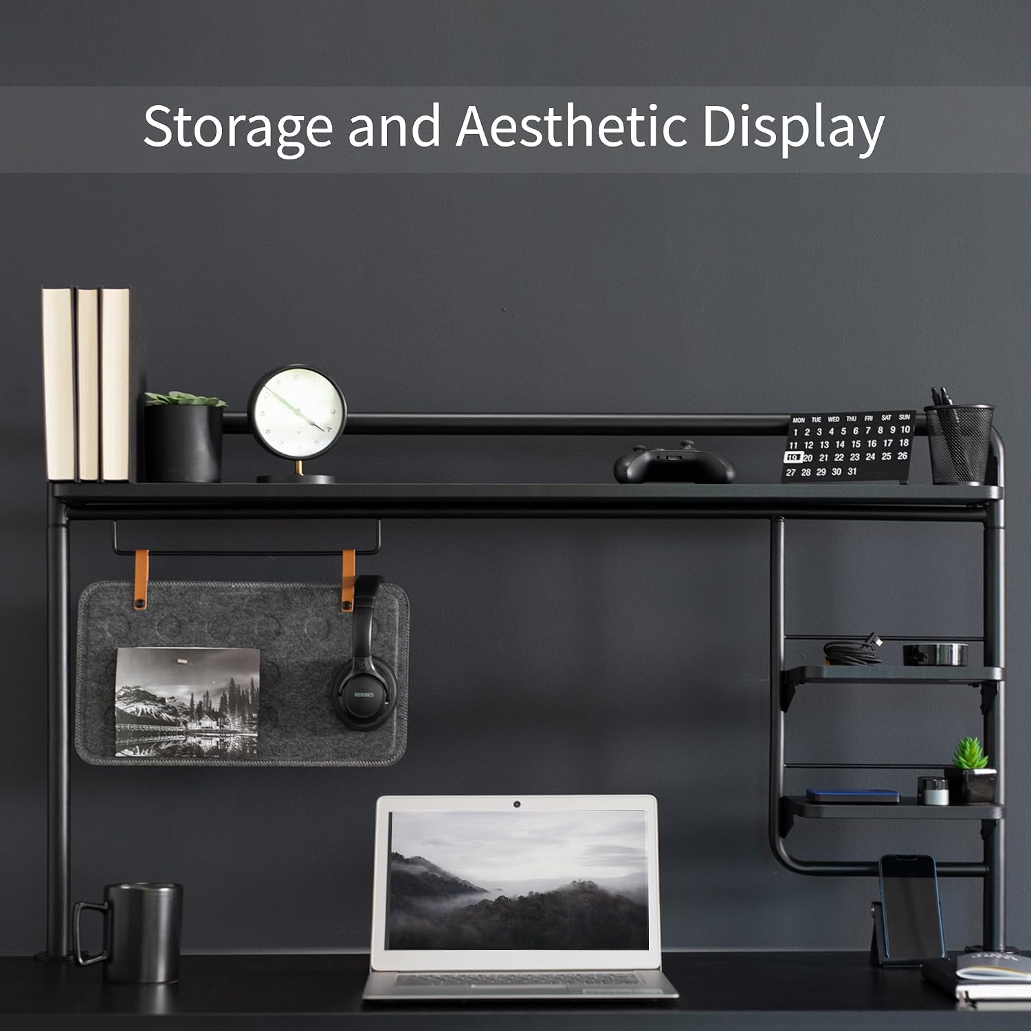 VIVO Black Clamp-on 50 inch Desktop Shelving System, DESK-SHELF55A | Raised Accessory Storage Shelves, Magnetic Memo