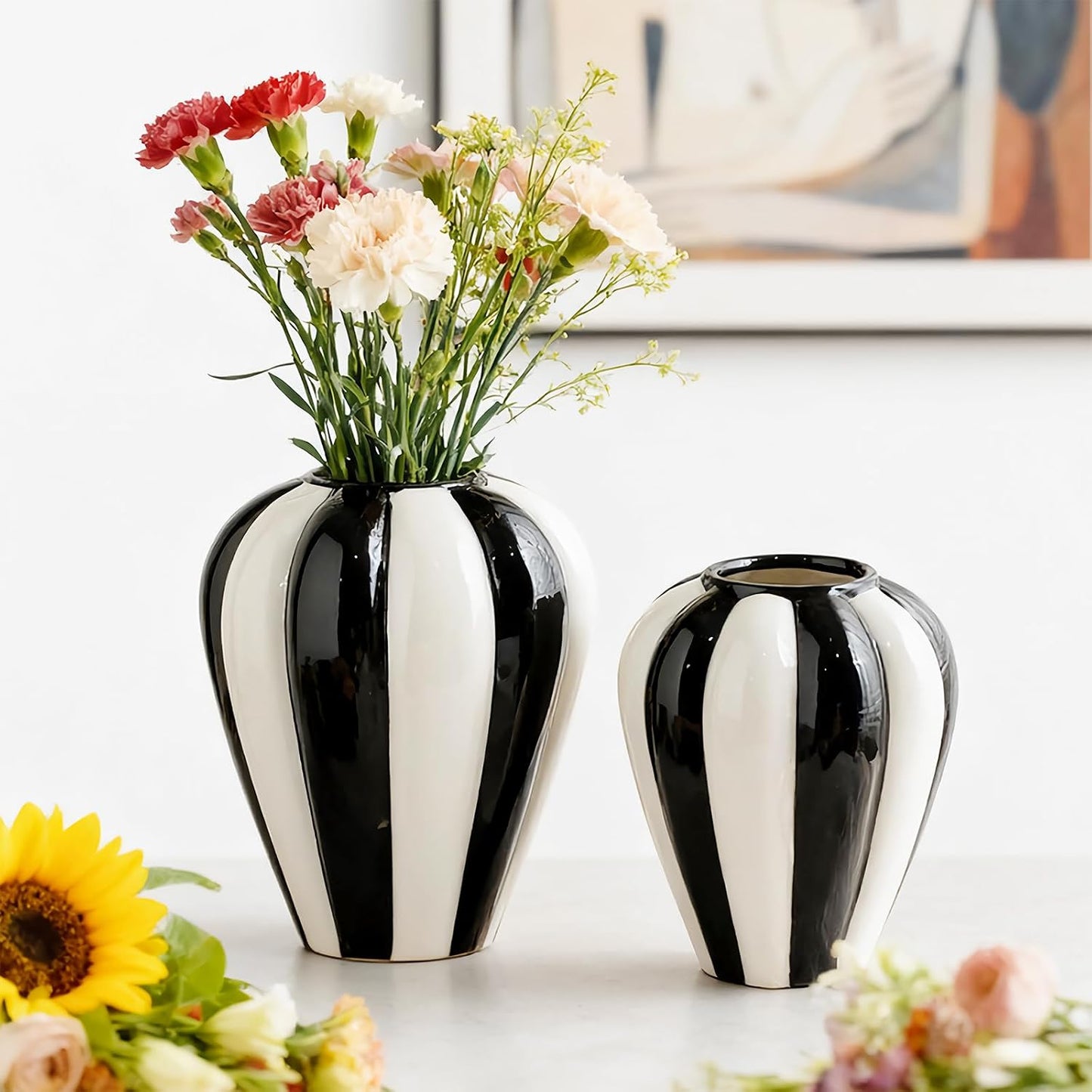 White Striped Ceramic Vase / Black