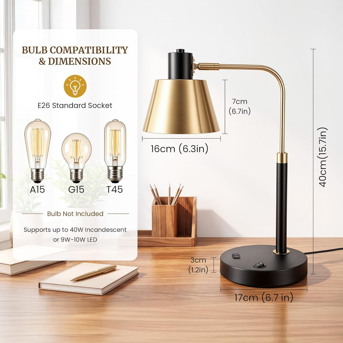 Desk Lamp with USB-C, USB-A and AC Outlet, Adjustable E26 Table Lamp for Home Office and Bedside Reading, Matte Black