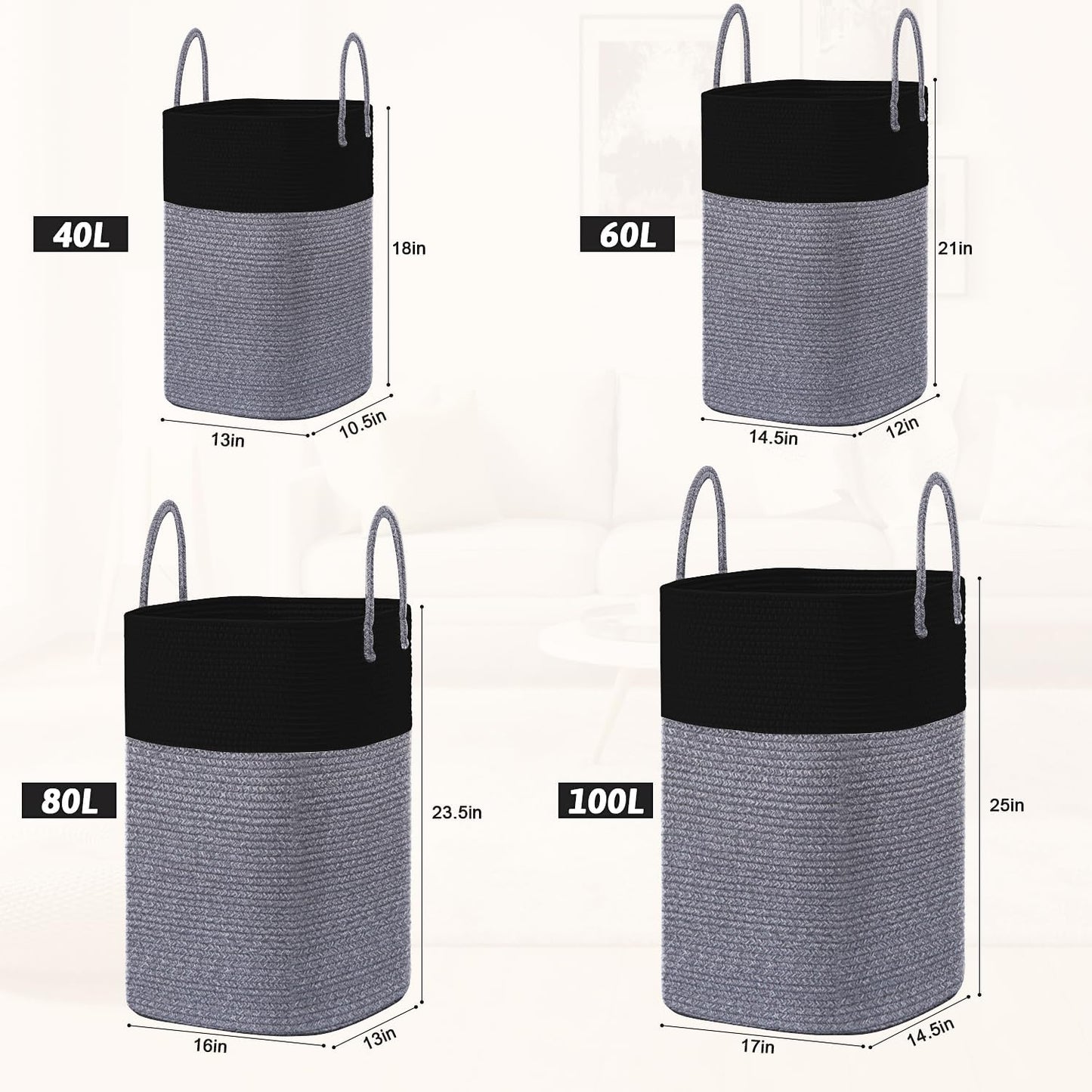 Laundry Basket / Woven Cotton Rope Laundry Hamper / 60L / Black