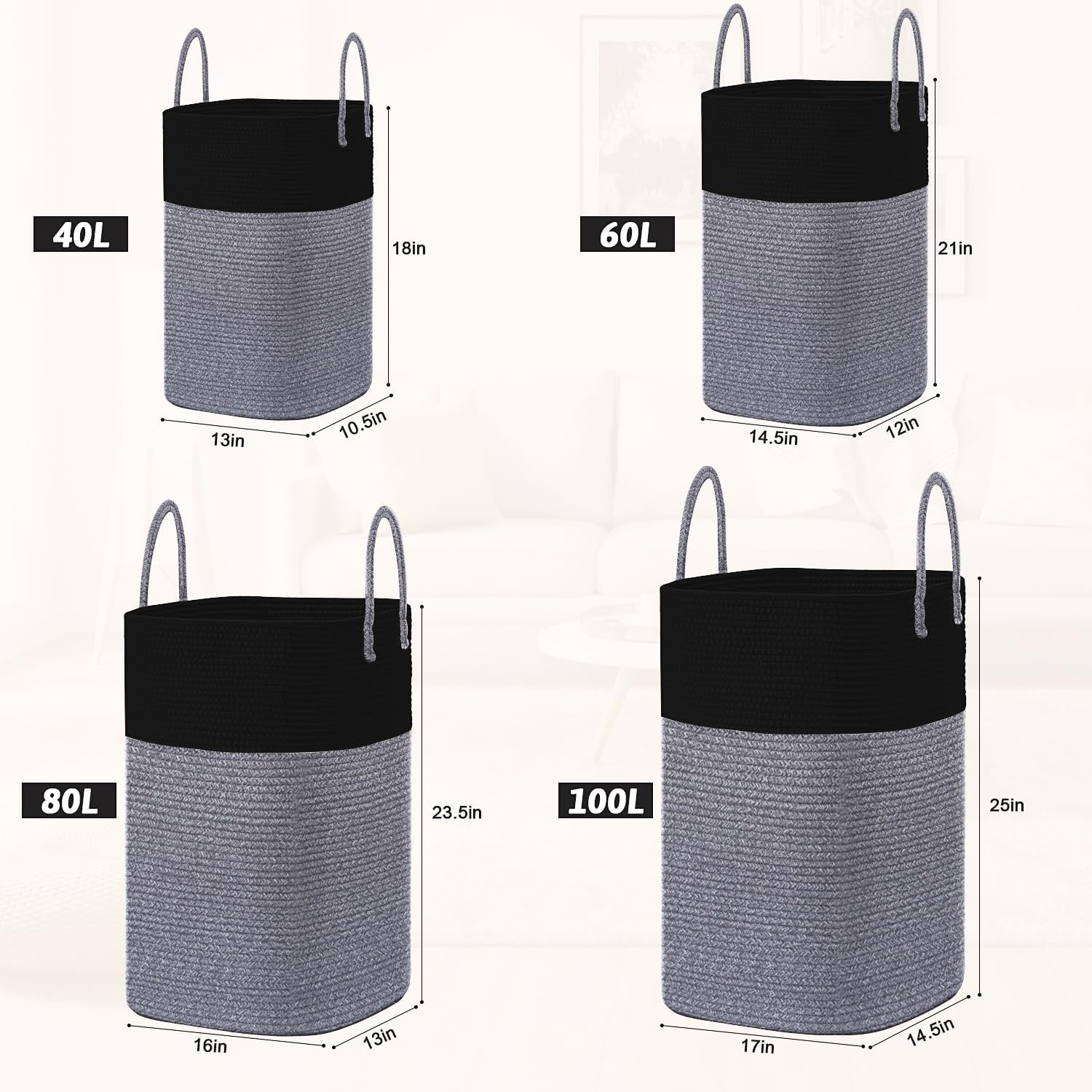 Laundry Basket / Woven Cotton Rope Laundry Hamper / 60L / Black